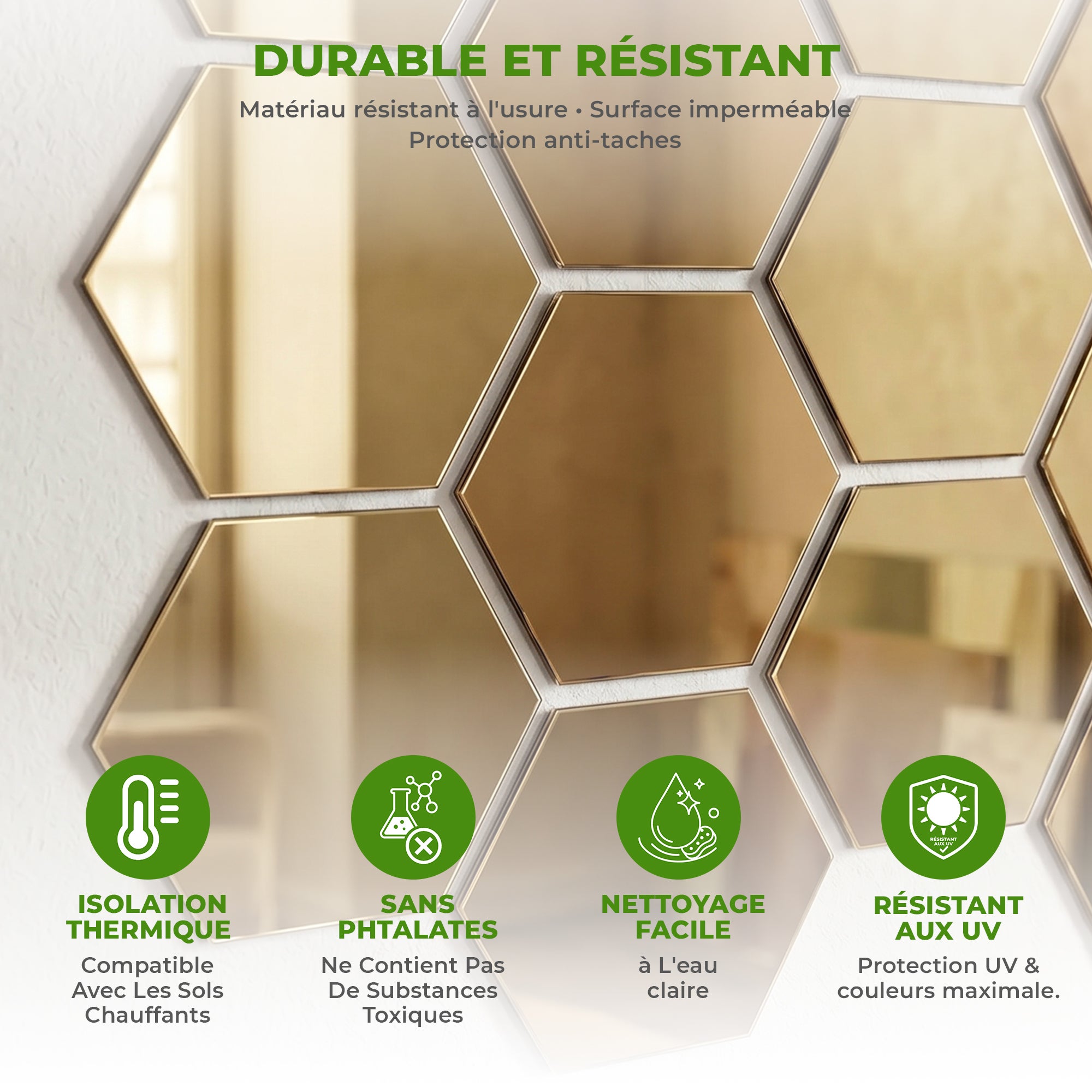 12 stickers miroirs hexagones or - 20x17cm - Autocollants stickers adhésifs effet miroir - 5