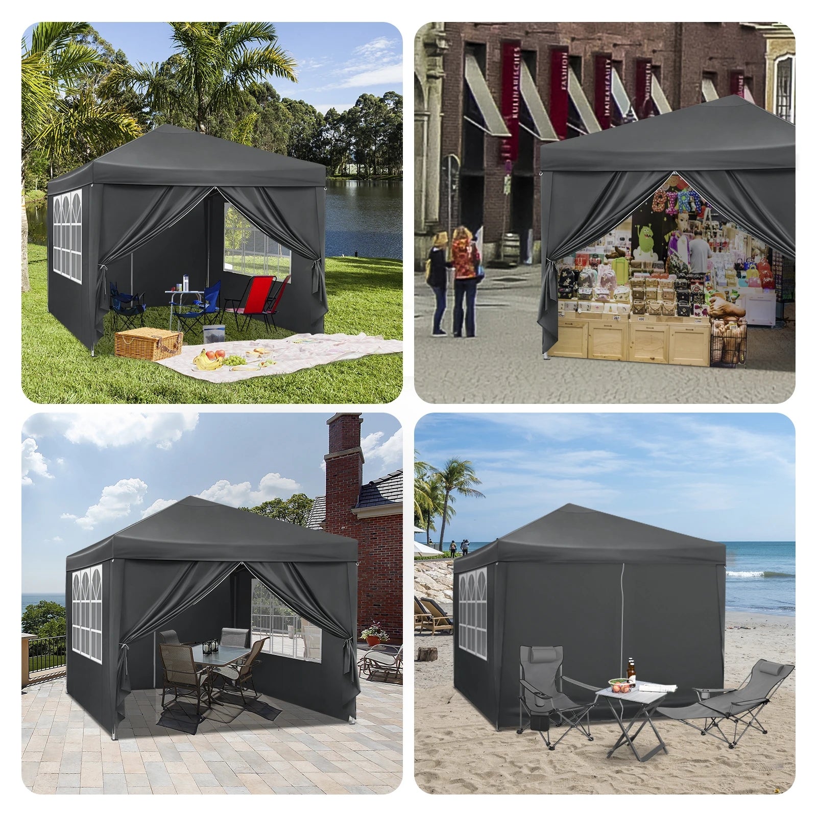 Carpa de jardín plegable de 3 x 3 m, impermeable, con protección solar UV y bolsa de transporte, para camping, cenador, parasol, gris/plateado - 4