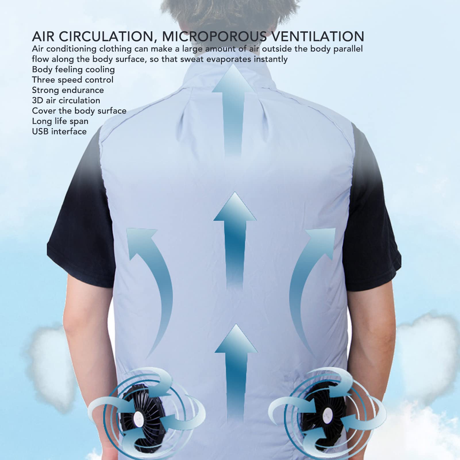 Gilet rafraîchissant d'été avec 2 ventilateurs, vêtements climatisés alimentés par batterie, vêtements climatisés microporeux réglables à 3 niveaux po - 3