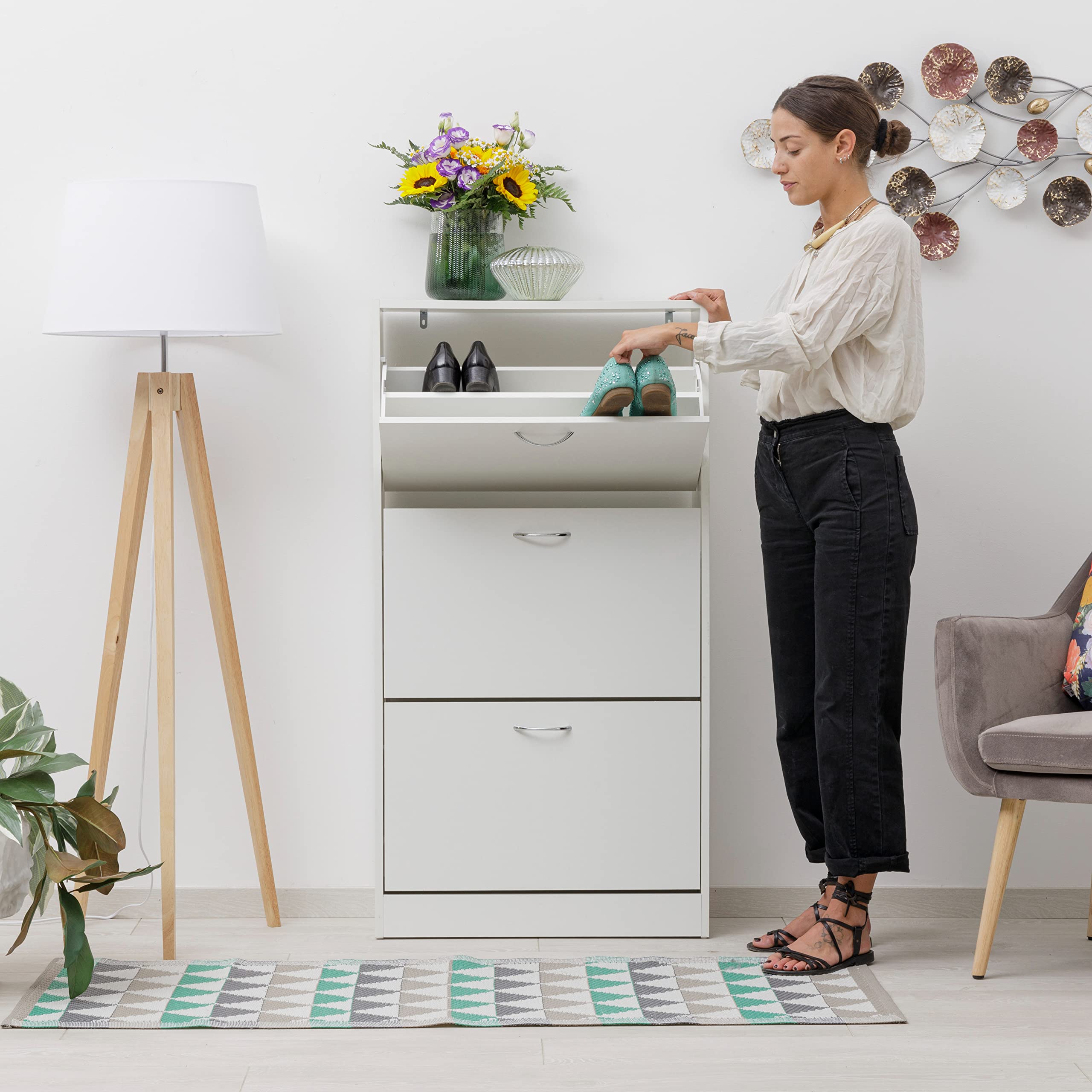 Baroni Home Scarpiera Salvaspazio Slim in Legno Melaminico da Ingresso. Portascarpe con Ante a Ribalta e Doppia Profondità (Bianca 3 Ante) - 4