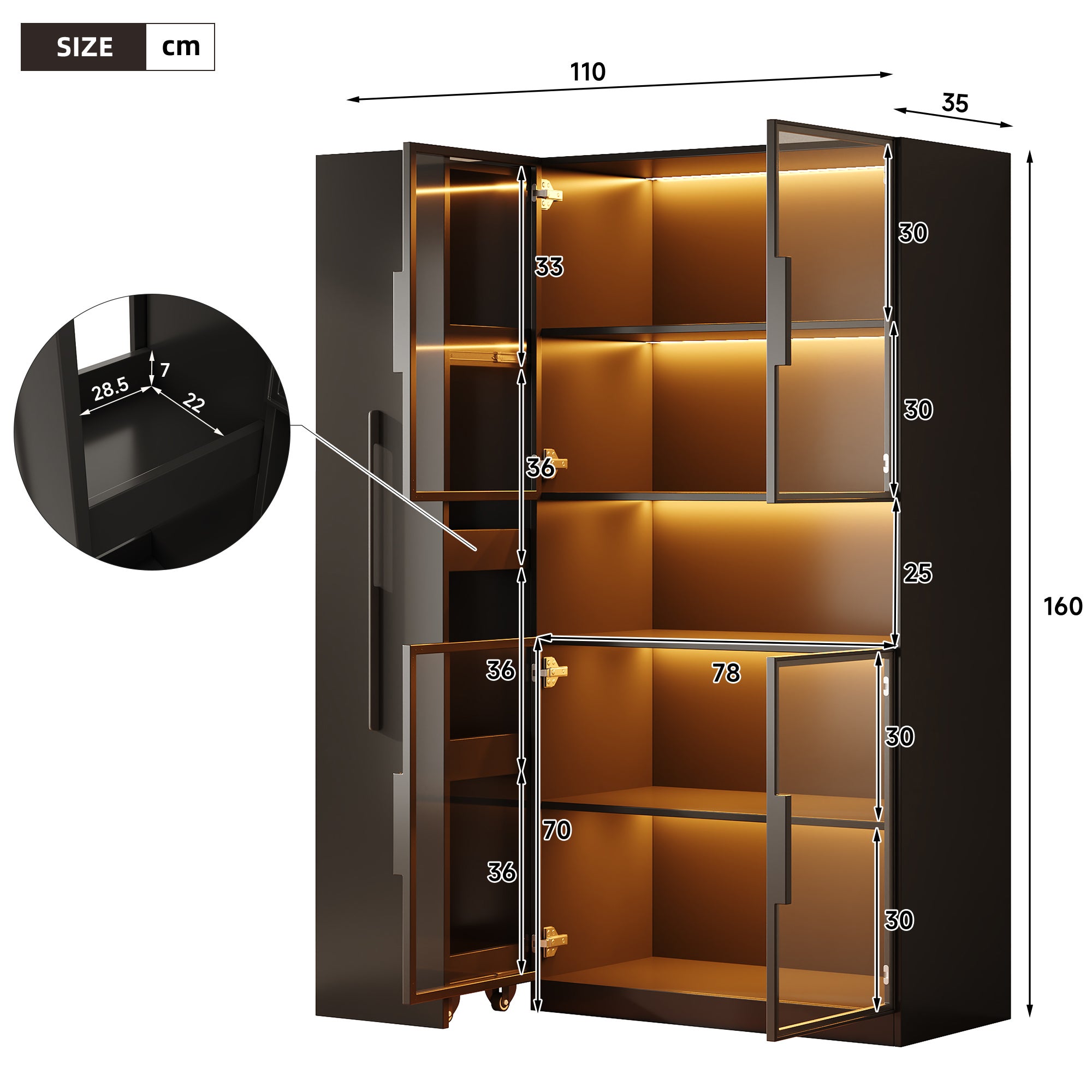 Witryna z 4 drzwiami szklanymi i 1 wysuwaną szufladą - 110 x 30 x 160 cm - MDF - diody LED - czarna - 4
