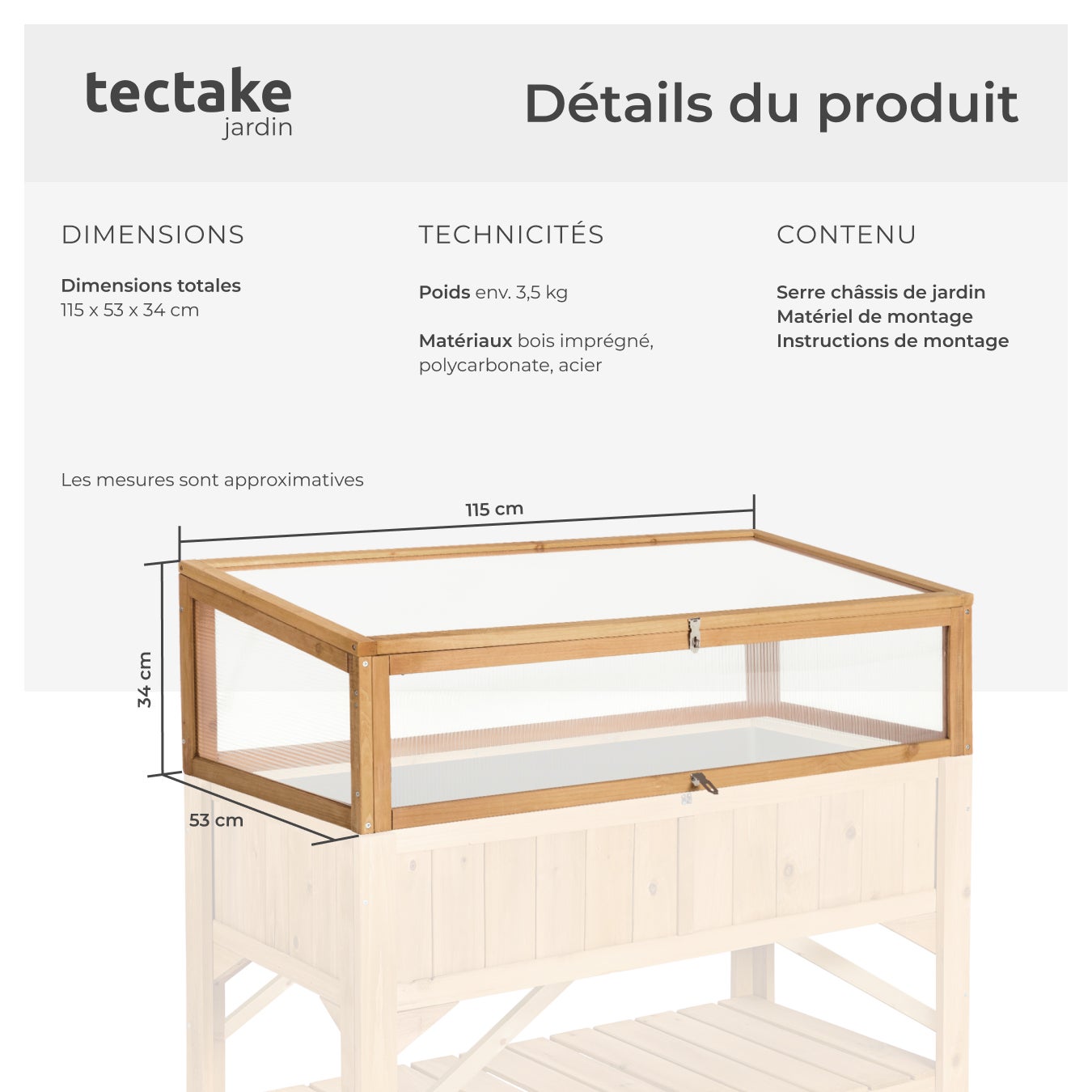 Serre Châssis de Jardin pour Carré Potager 115 x 53 x 34 cm en bois de pin imprégné TECTAKE - 6