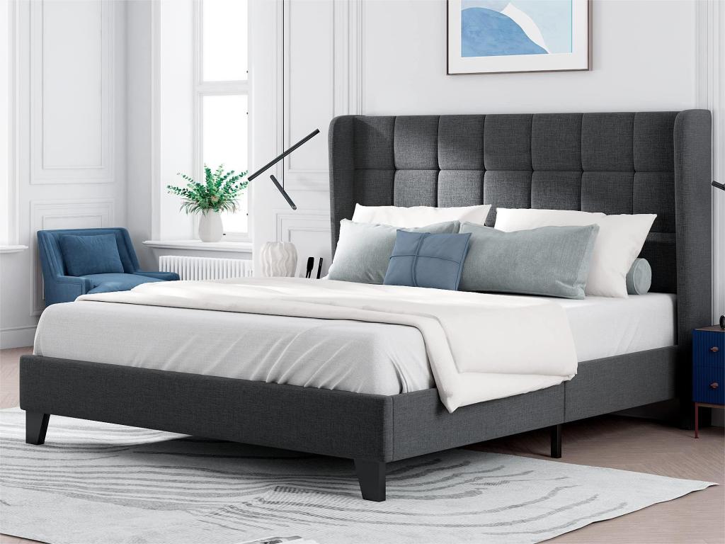 Łóżko tapicerowane z lnu - 140x200cm - z wezgłowiem i stelażem na listwy - Szare