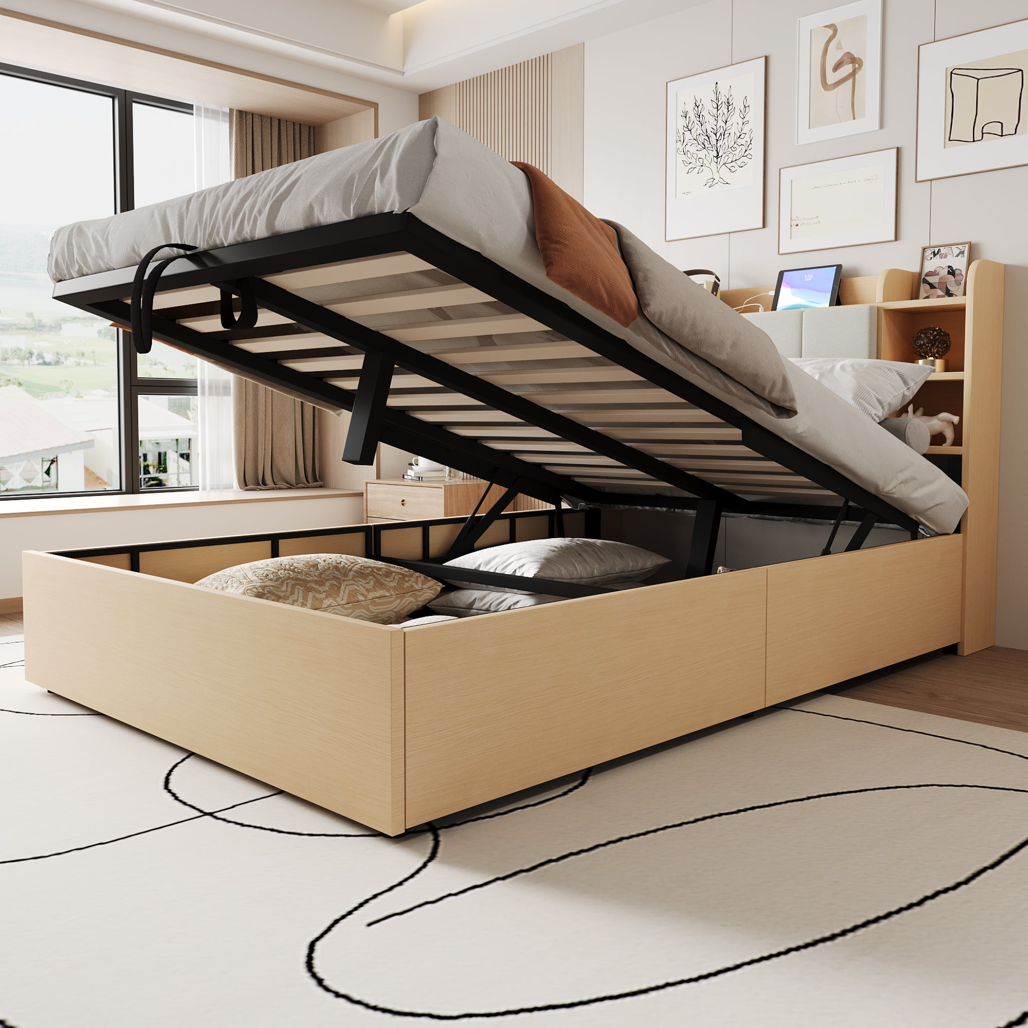 Merax  Cama Con Canapé De 140 X 200 Cm Con Cabecero Con Espacio De Almacenaje, Tomas Usb Y Tipo C, Mdf, Natural (Sin Colchón) Gris , Leroy Merlin