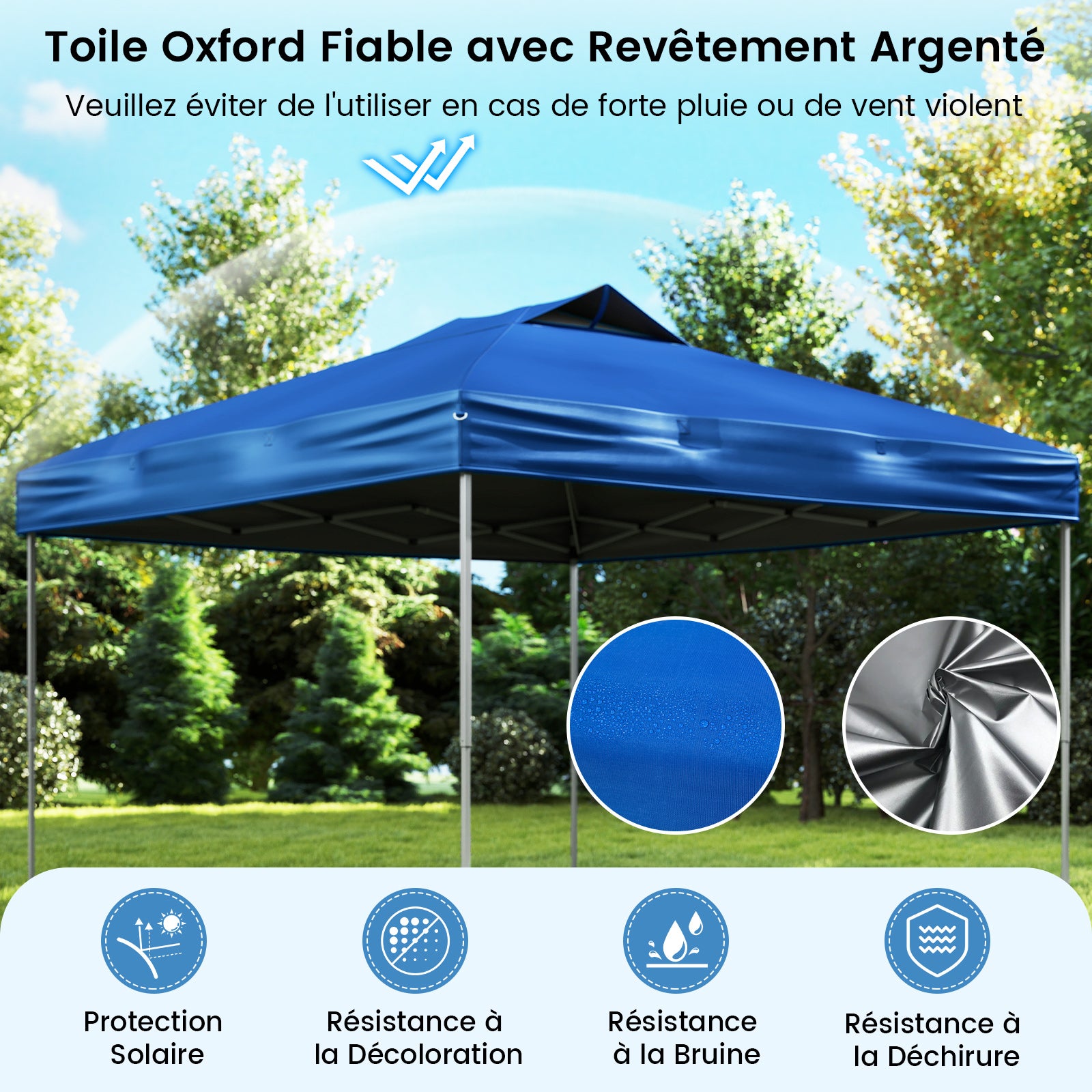 Altana ogrodowa typu pop-up 295 x 295 cm, składany namiot imprezowy z centralnym zamkiem zatrzaskowym, transportowa, linki mocujące, niebieski - 5