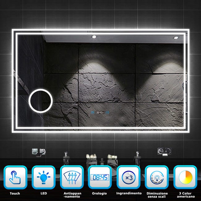 Specchio Led 80x70 Cm Con Ingranditore Orologio E Accensione Touch - Roxy - Foto 10
