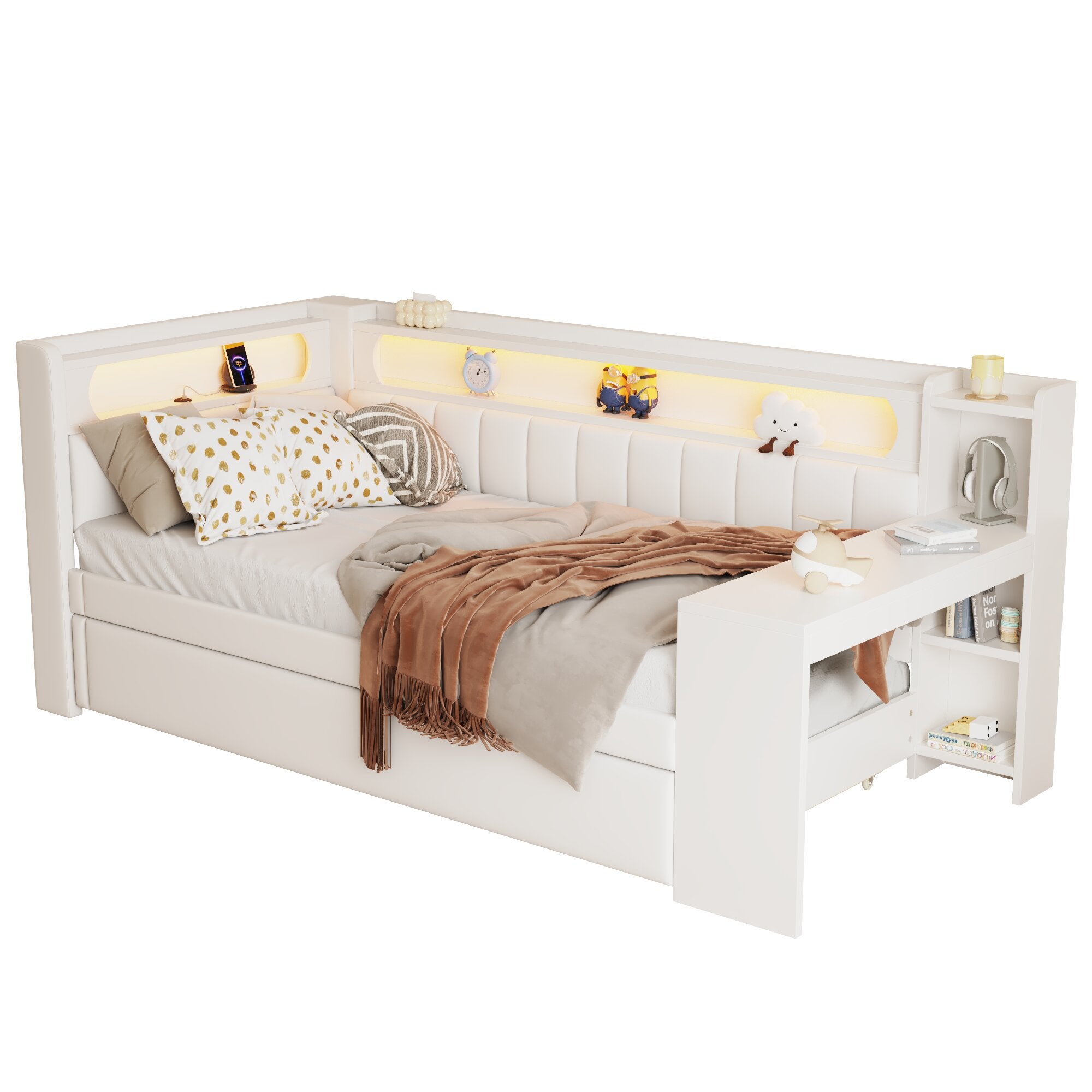 Łóżko wysuwane 90 x 200 cm z biurkiem, 2 szufladami i przegródkami - MDF + sklejka + tkanina lniana - port USB i diody LED - białe (bez materaca) - 5