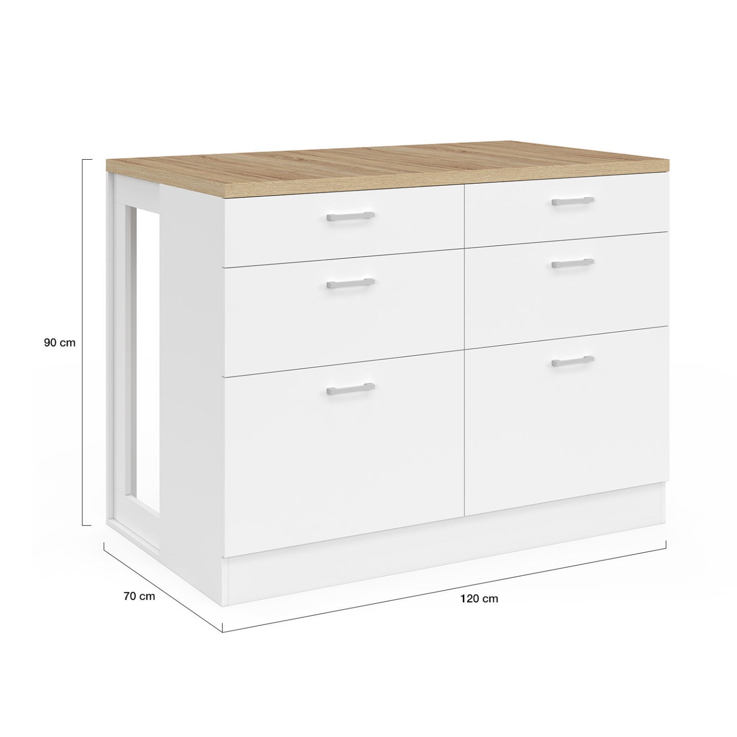 Ilot central mange-debout ORSO 120 cm casserolier 6 tiroirs blanc avec plan de travail façon hêtre - 5
