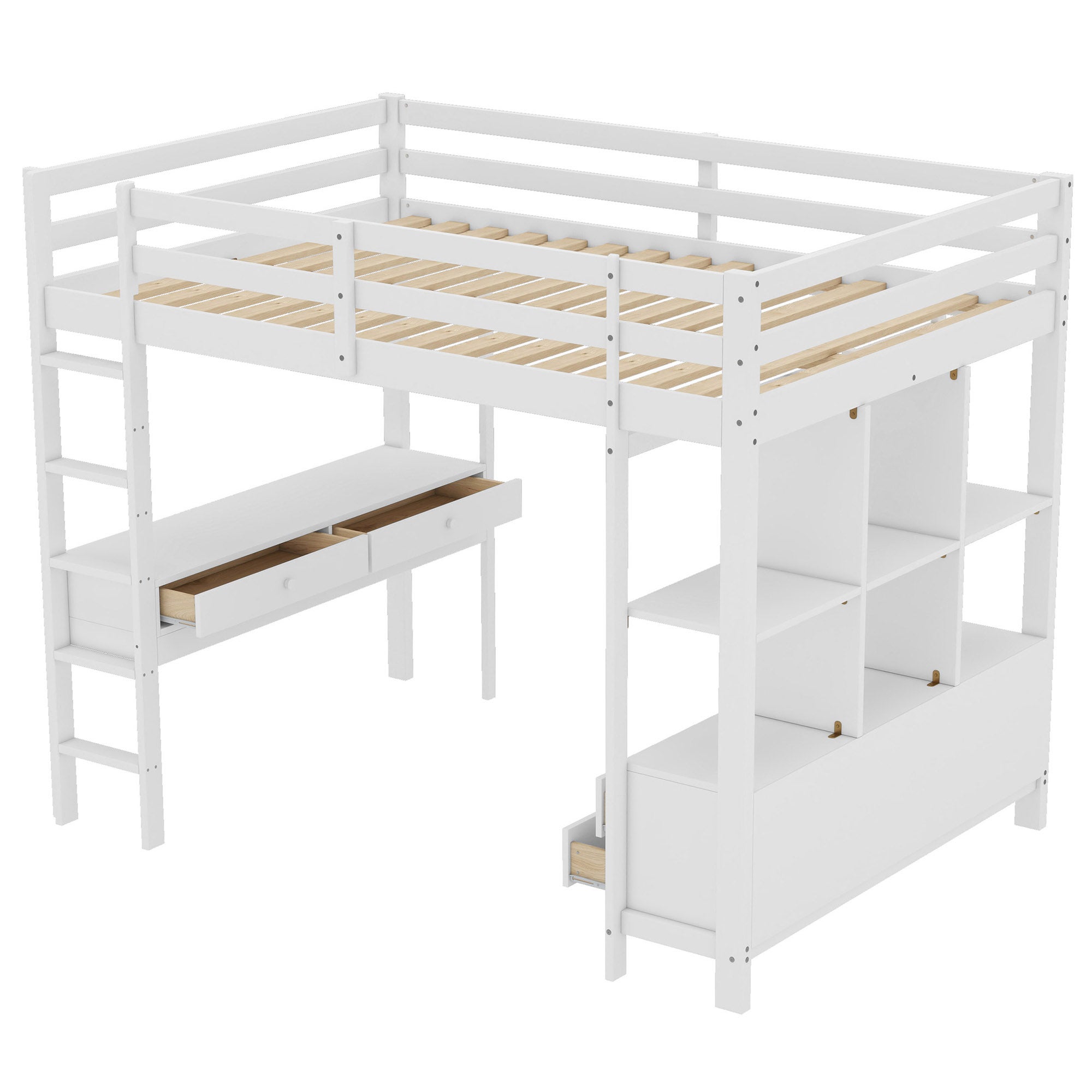 Letto a soppalco, letto a soppalco per bambini 140 x 200 cm con cassetti contenitore e scrivania sotto il letto, senza materasso, bianco - 9