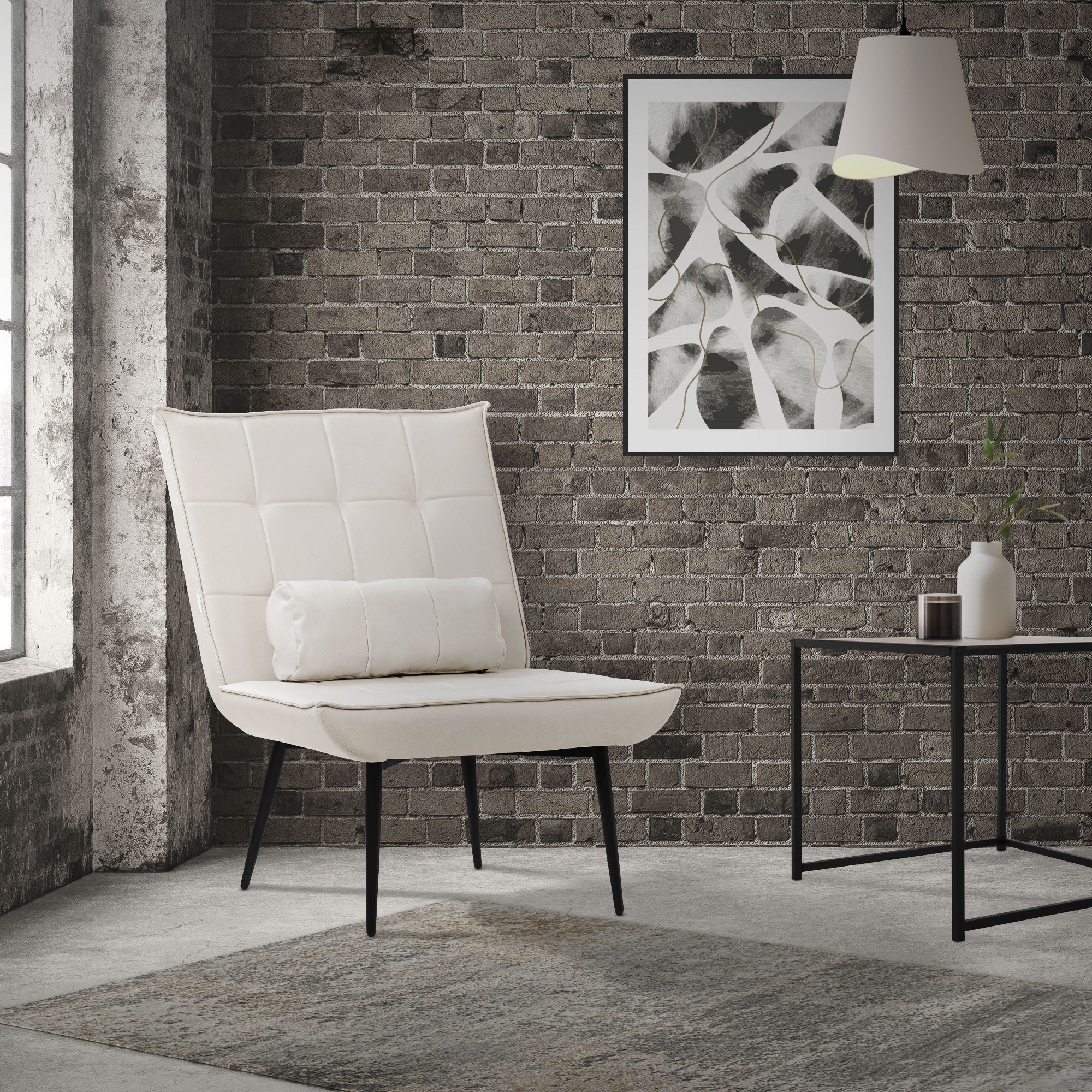 ML Design fotel rozkładany kremowy tapicerowany skóra sztuczna PU z czarnymi metalowymi nogami ergonomiczny skrzydłowy z poduszką lędźwiową do relaksu