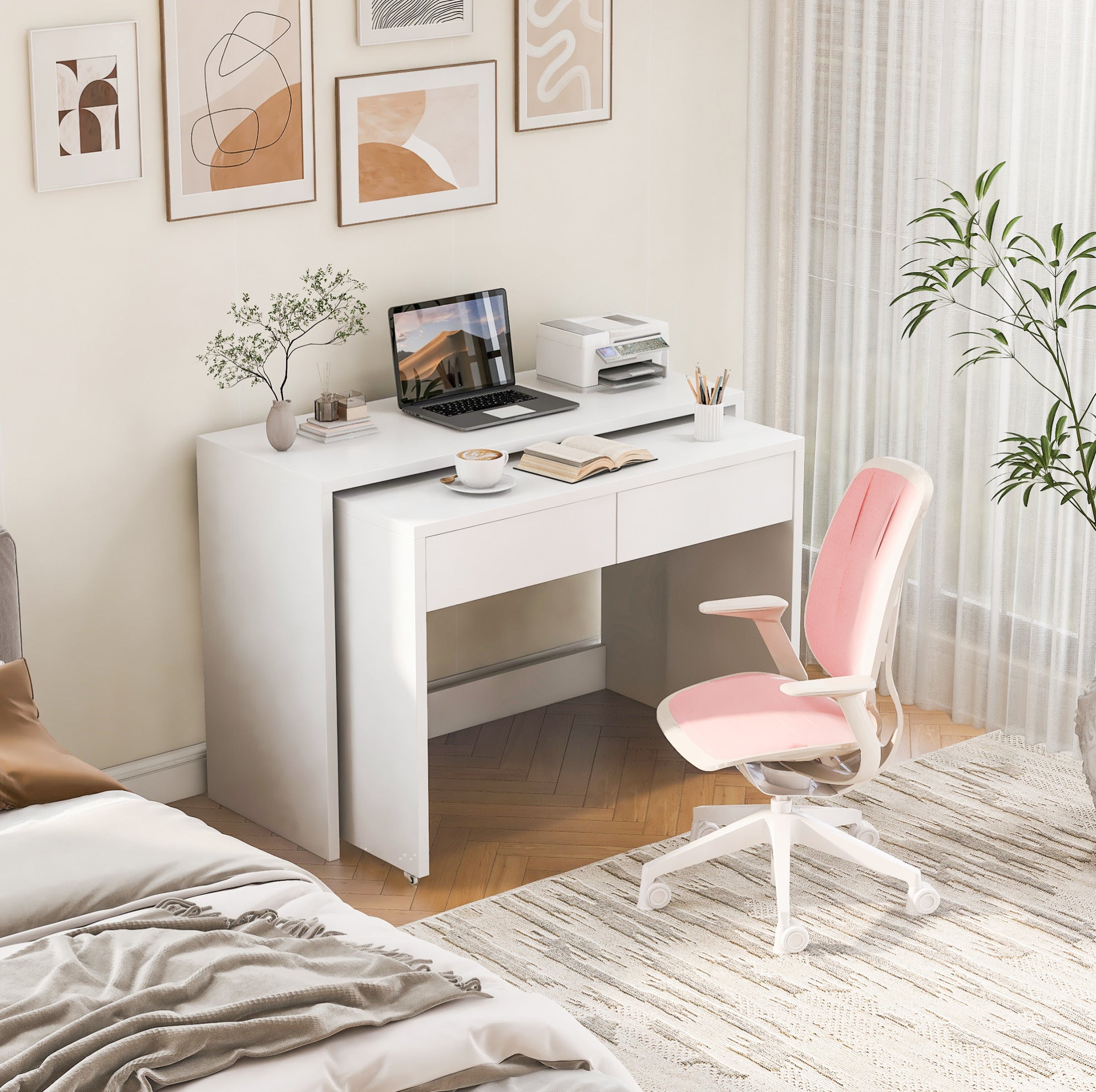 Bureau extensible 2-en-1 110x40x78 cm avec 2 tiroirs et roulettes, en ...