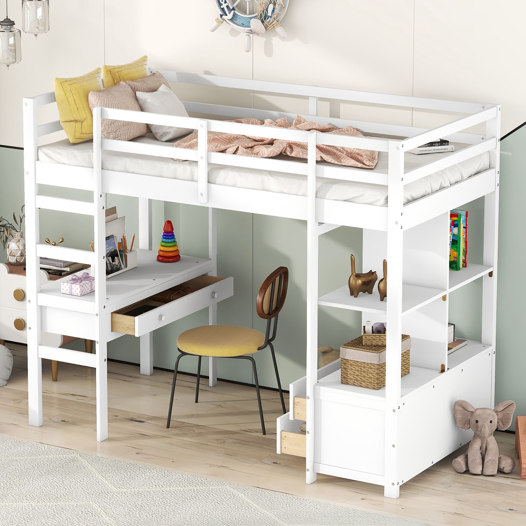 Letto Soppalco In Legno 140x200cm - Con Scrivania, Armadio E Rete A Doghe Bianco