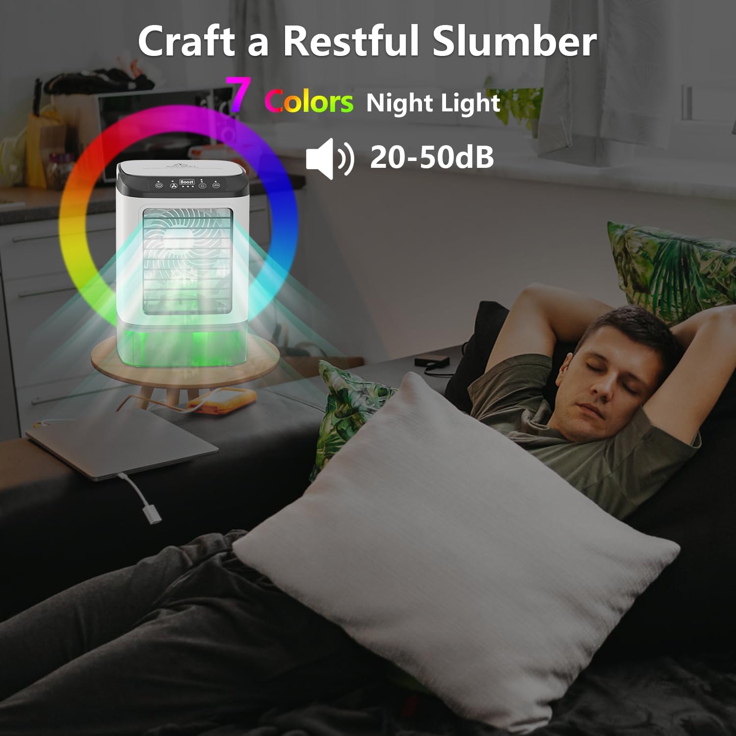 Climatiseur portable, mini refroidisseur d'air, réservoir d'eau de 900 ml avec glacière, ventilateur humidificateur 4 en 1, 3 vitesses de vent - 4