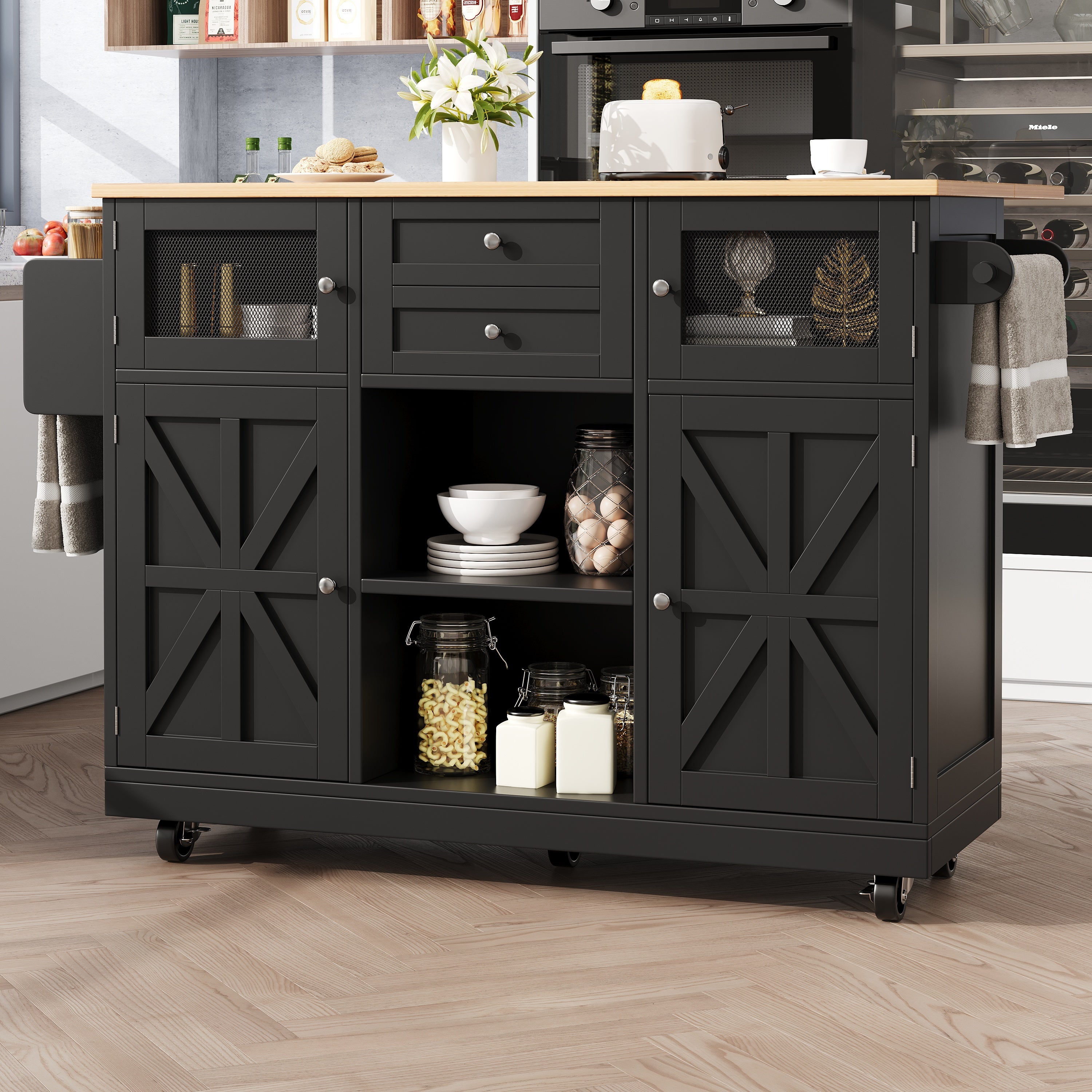 ilot Central Cuisine sur roulettes avec 2 tiroirs, Table à Manger Extensible avec porte-serviettes latéral(Noir, 140x40-70x93,5cm) - 6
