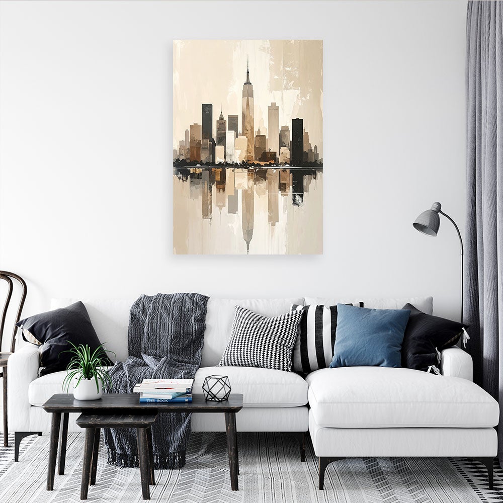 Obraz do salonu jadalni, Abstrakcyjna panorama miasta nowoczesna dekoracja w beżu i złocie 80x120 - 2
