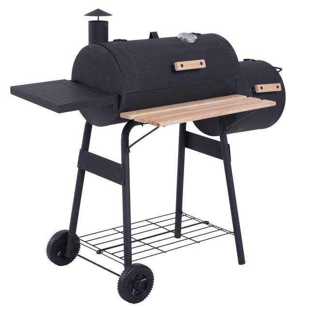 Barbacoa ahumadora de carbón con soporte, tapa, ruedas, termómetro, estantes, acero laminado en frío, color negro.