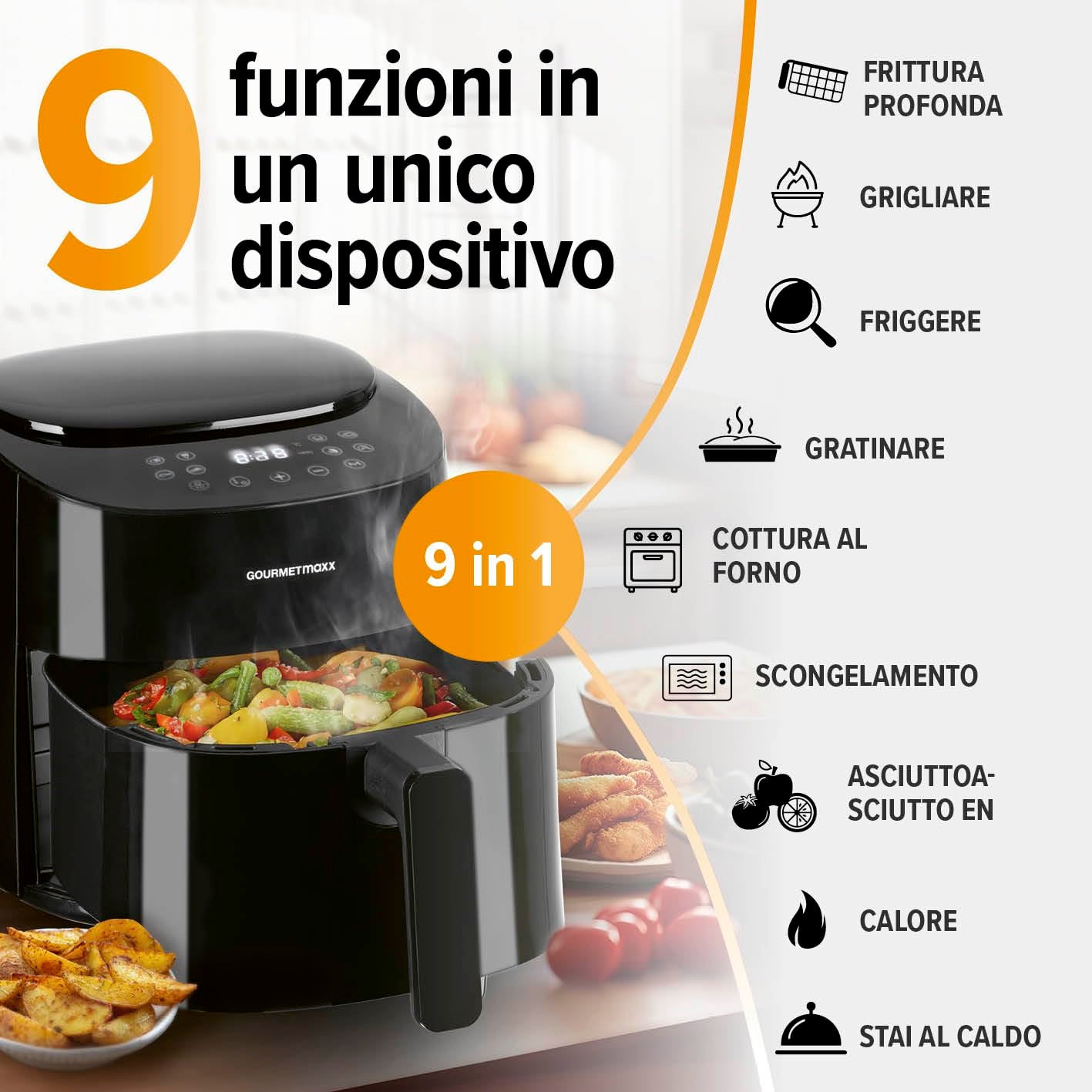 GOURMETmaxx Friggitrice ad aria calda, 4,5 l, 1400 W, con 8 diversi programmi, ideale per friggere, grigliare, arrostire, ecc. Preparazione particolar - 3