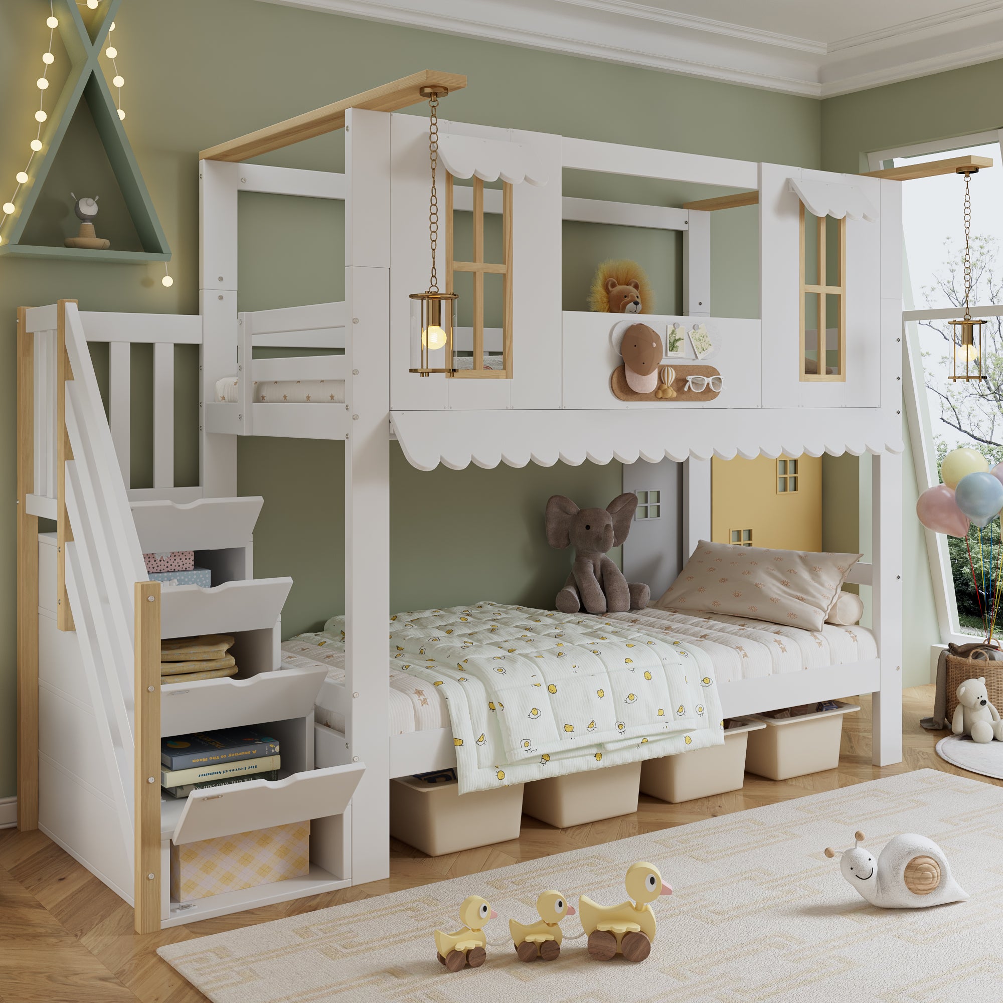 Łóżka piętrowe 2 x 90 x 200 cm z 4 drzwiami i 2 oknami - Sosna + MDF + sklejka - Białe i naturalne (Materace nie są wliczone w cenę)