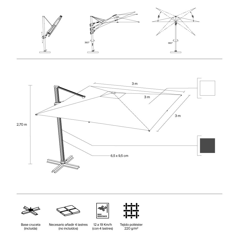 IASO Basics Pisa – Parasol déporté 3x3, toile blanche, structure anthracite - 7