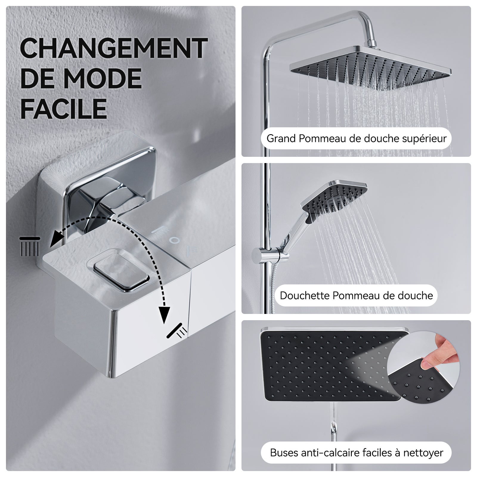 Auralum max Colonne de Douche avec Mitigeur Thermostatique, Système de Douche avec Robinetterie en laiton,Douchette à Main avec 3Jets,Chromé - 3