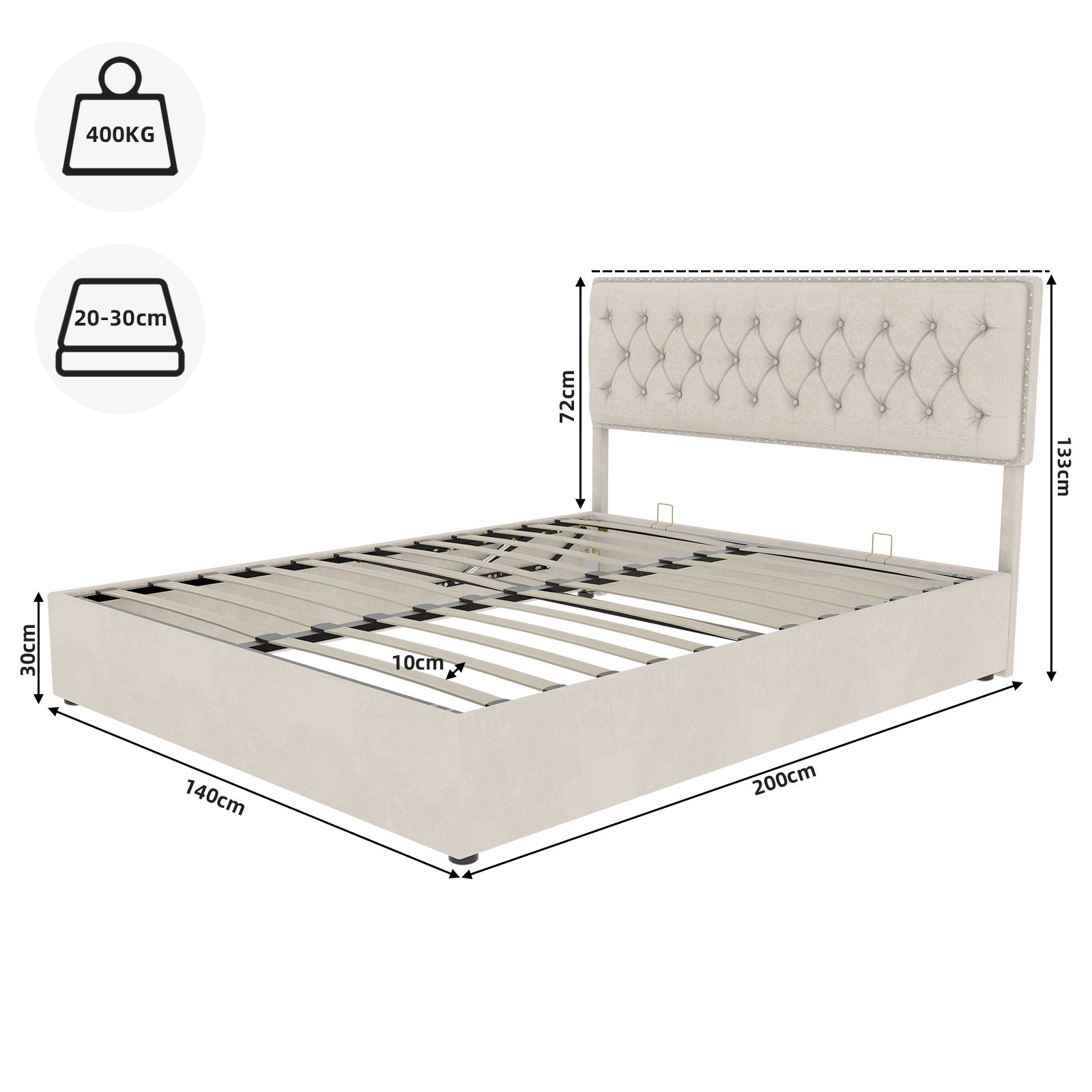 Letto contenitore matrimoniale 140x200 cm, doghe in legno, testiera, velluto beige, senza materasso - 4