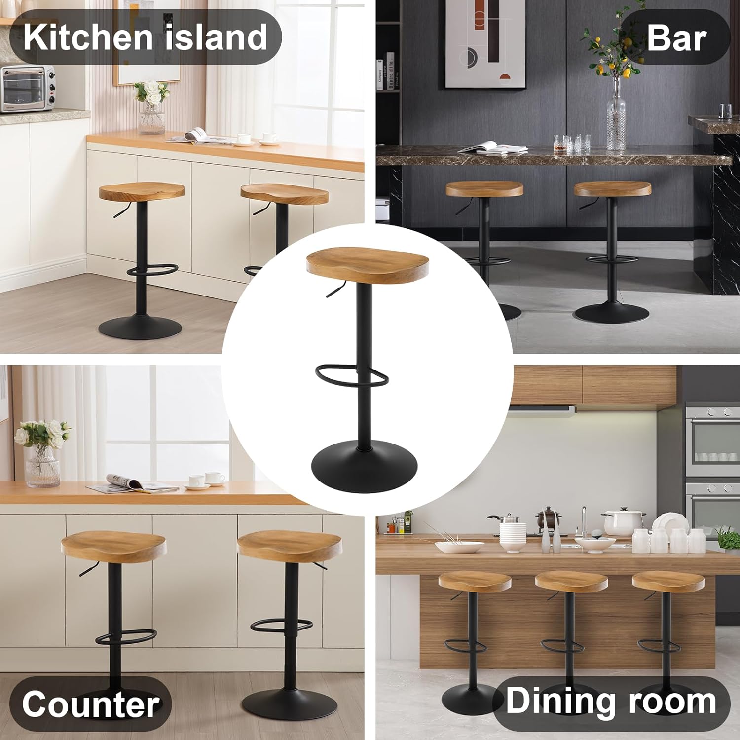 Lot de 2 Tabouret de Bar WOLTU, Chaise de Bar, Tabouret Haut en Bois, Cadre en Métal, Réglable en Hauteur, Pivotant à 360°, Chêne foncé - 5