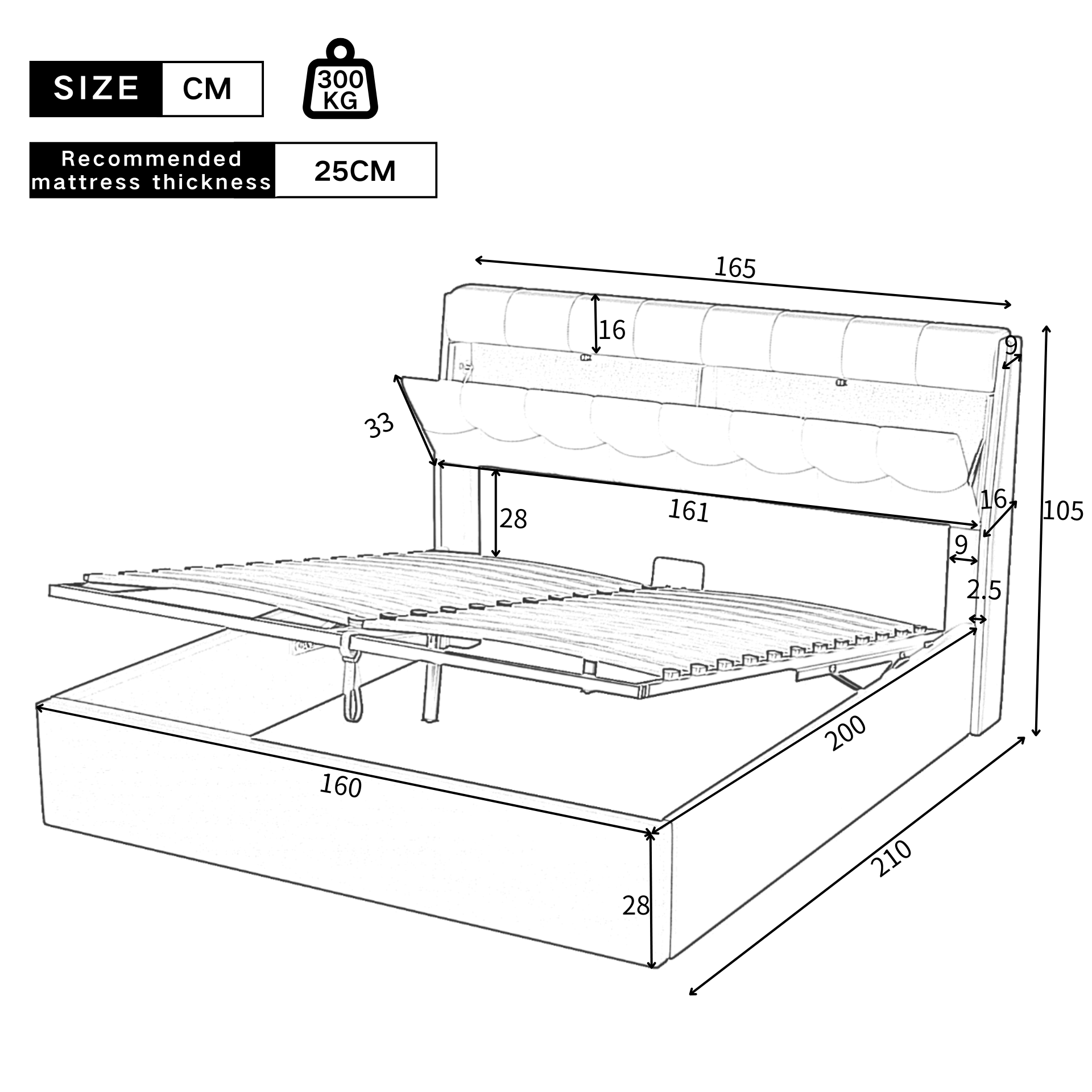Lit coffre 160 x 200 cm avec tête de lit rangement - LEDs - Cuir PU - Noir (sans matelas) - 9