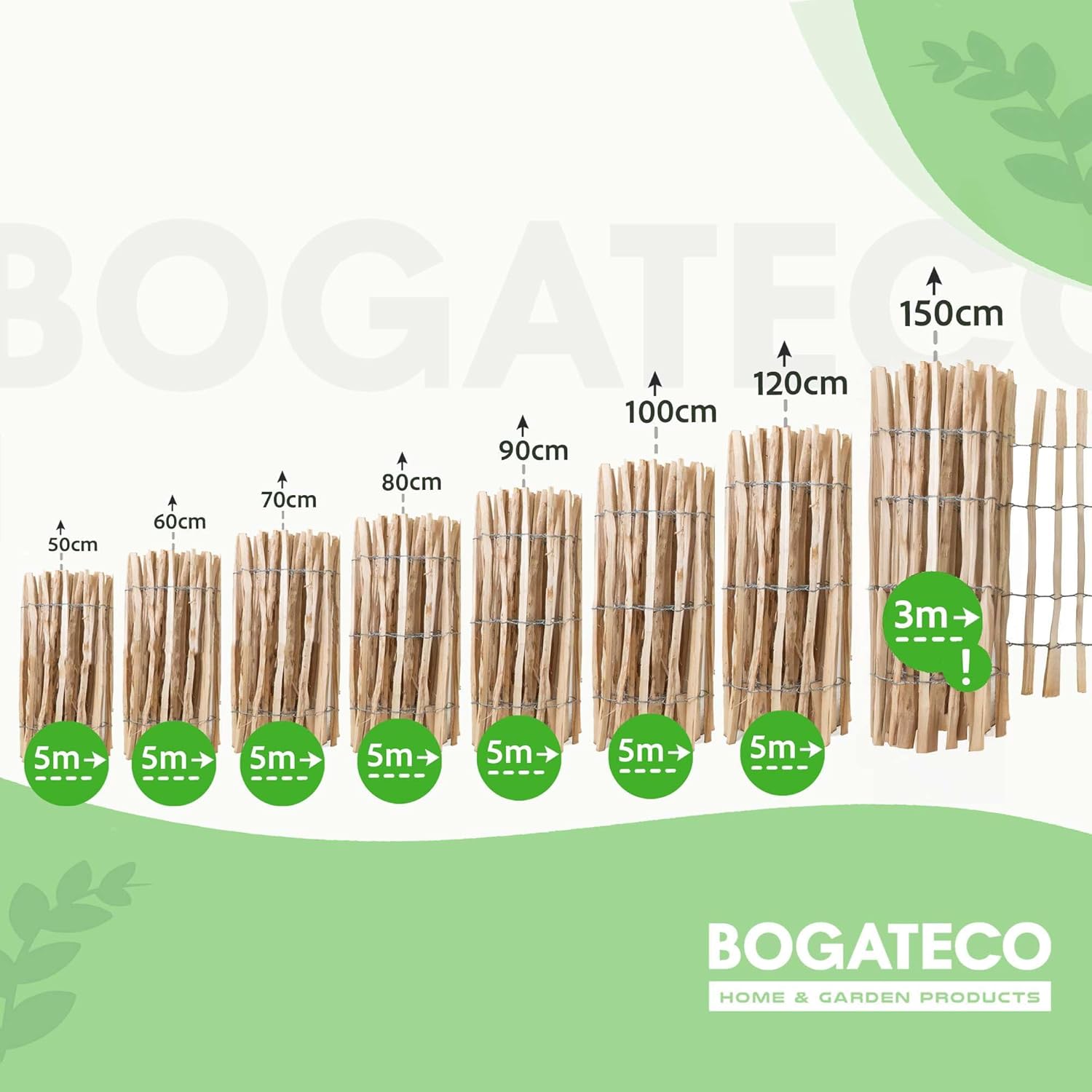 BOGATECO Clôture à piquets en bois de châtaignier noisetier 60 cm de haut x 500 cm de long | Espacement des lattes 4-5 cm | Durable - 5