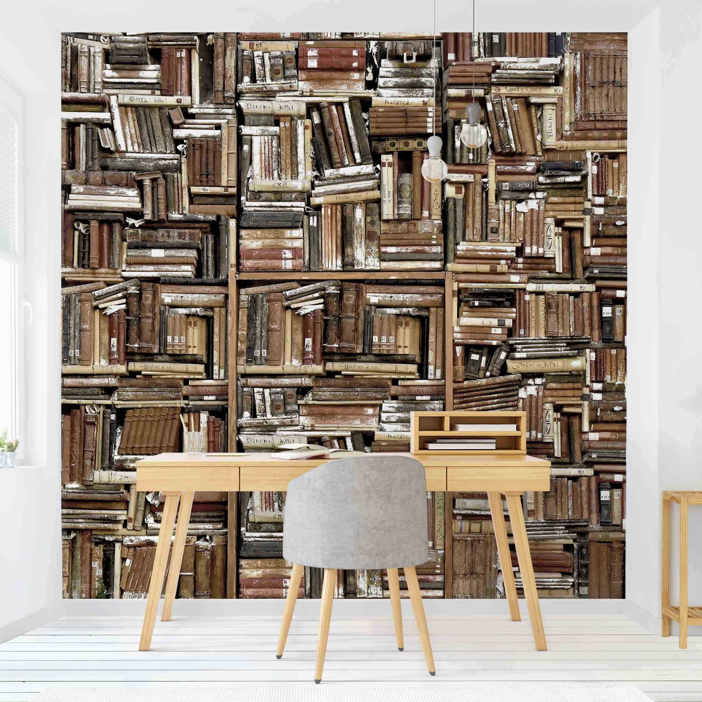 Papel pintado fotomural estampado shabby chic vintage muro de libros 104 - salón dormitorio cocina pasillo - tnt 192 x 192 cm premium
