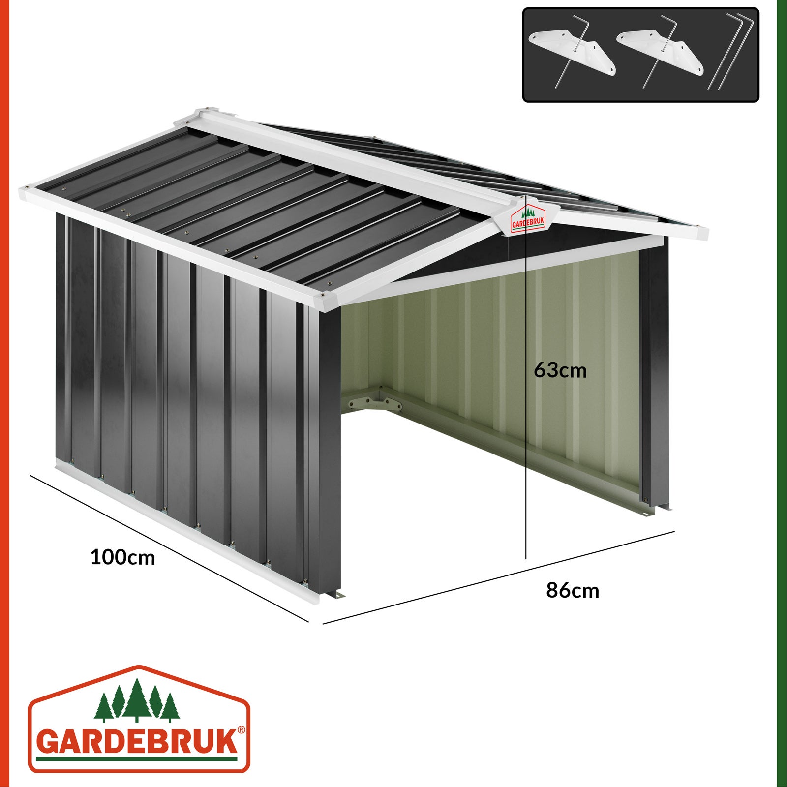 GARDEBRUK® Abri robot tondeuse 86x100x63cm toit à 2 pans métal résistant intempéries 4x piquets terre garage outillage carport jardin herbe anthracite - 4