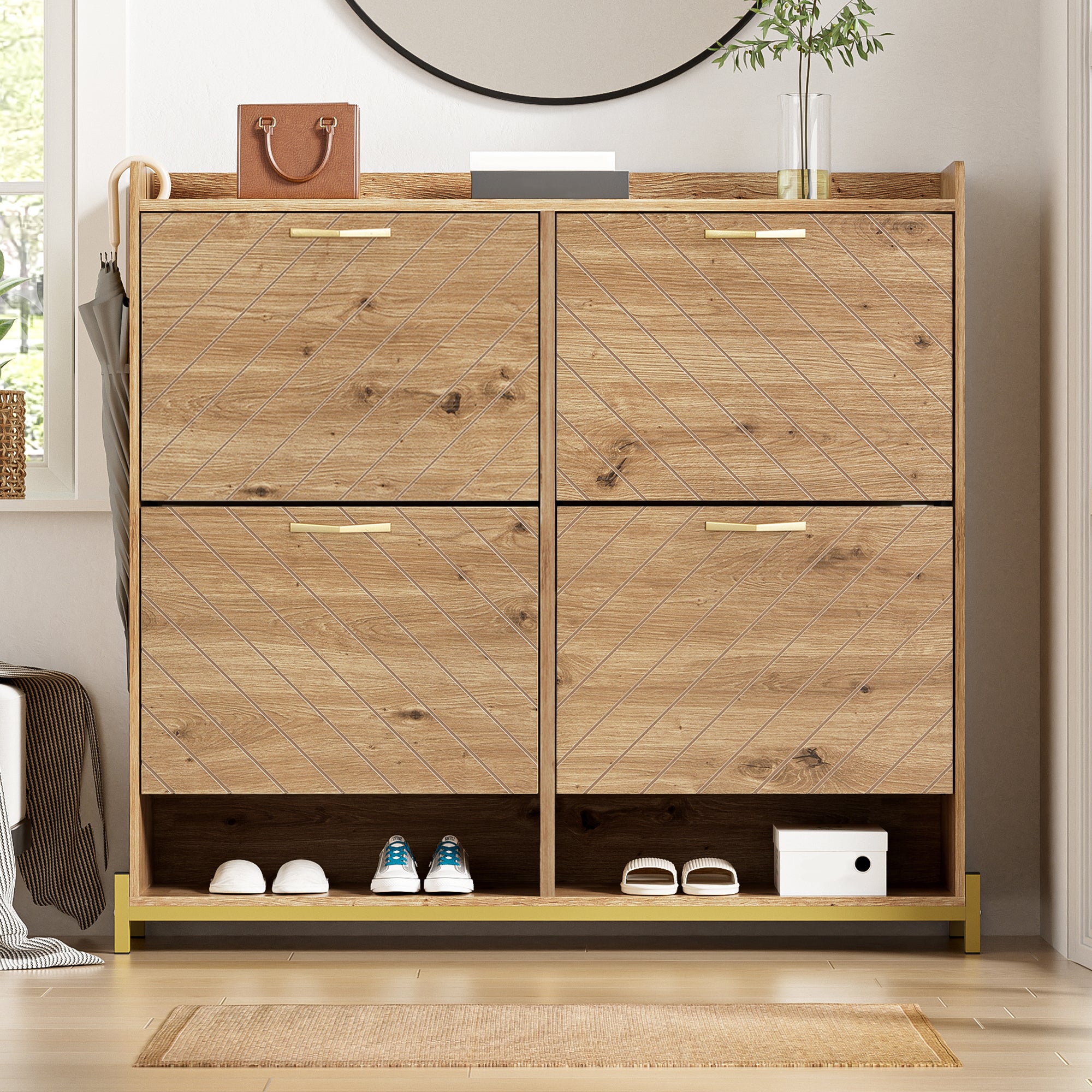 Meuble à chaussures avec 4 portes et 2 compartiments - 105 x 24 x 100 cm - Bois MDF - Coloris bois - 2