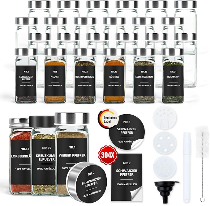 Kwadratowe słoiki na przyprawy o pojemności 120 ml z hermetycznymi etykietami i pokrywkami – 24-częściowy zestaw oszczędzający miejsce