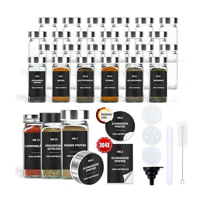Kwadratowe słoiki na przyprawy o pojemności 120 ml z hermetycznymi etykietami i pokrywkami – 24-częściowy zestaw oszczędzający miejsce