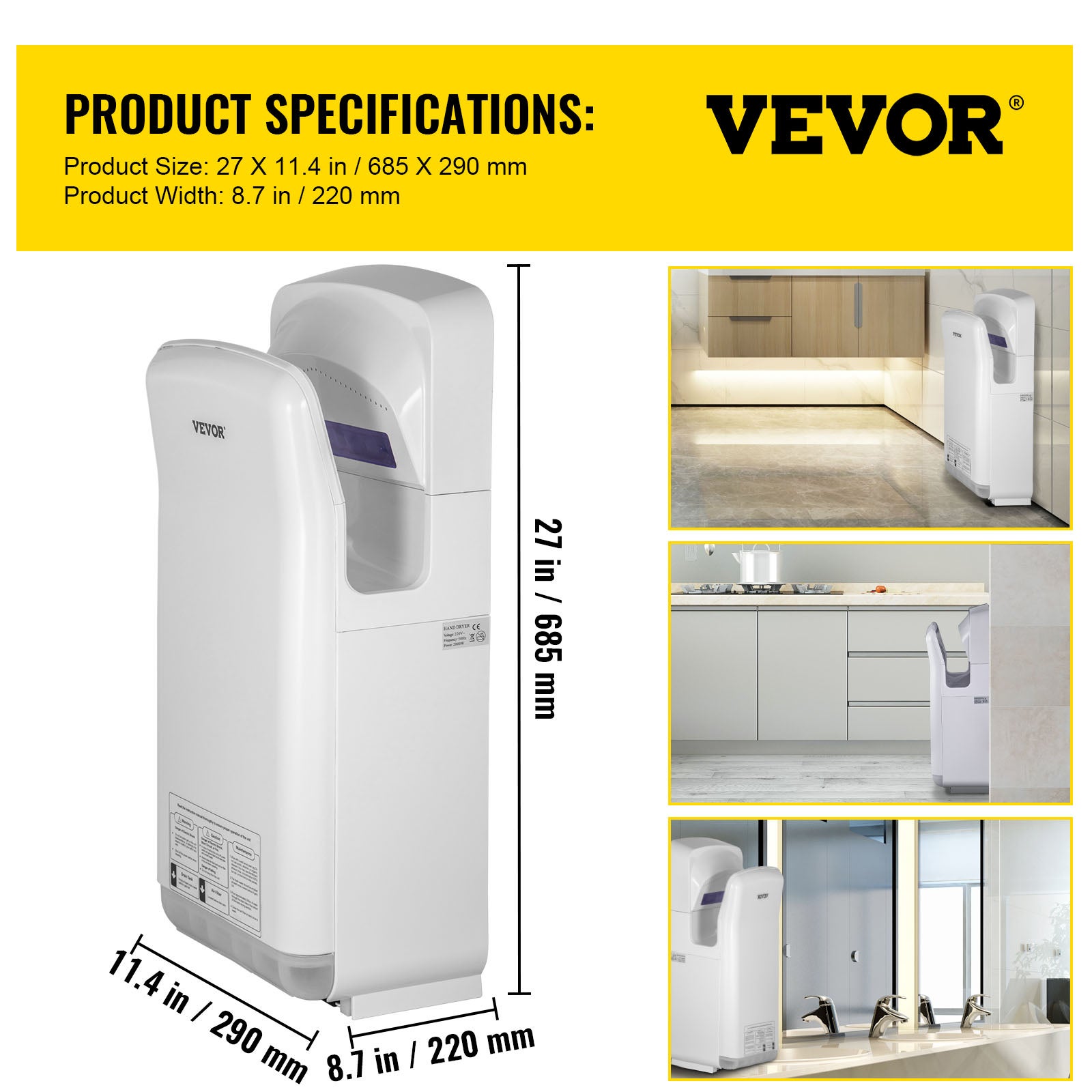 Sèche-Mains Automatique VEVOR 2000W Sèche Main Air Pulsé électrique Commercial ABS Super Puissant Filtration HEPA 43℃ Moteur à Balais Carbone Blanc - 7