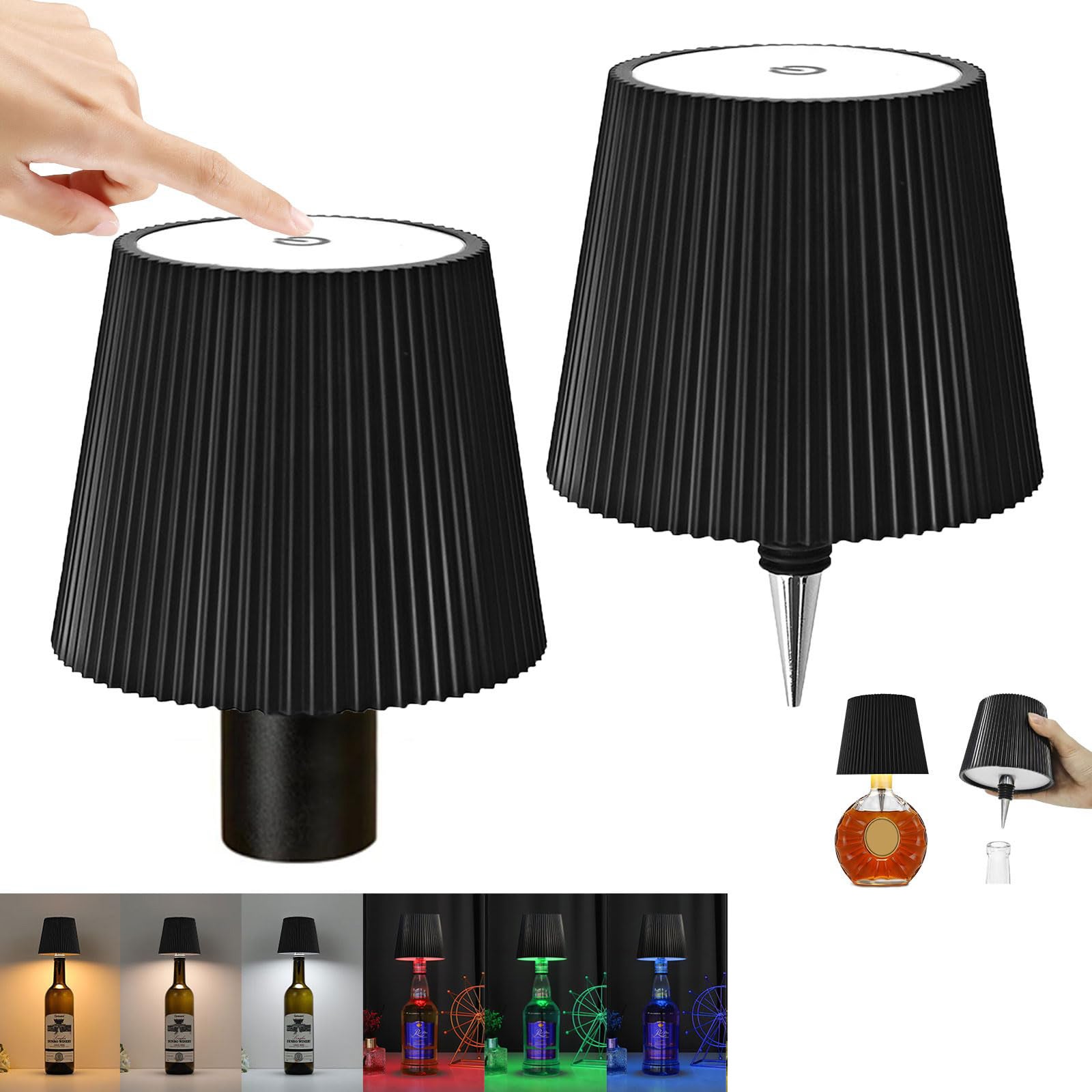 Zestaw bezprzewodowych lampek LED do butelek wina z trybami kolorów RGB Akumulatorowa dotykowa lampa stołowa do barów czarna