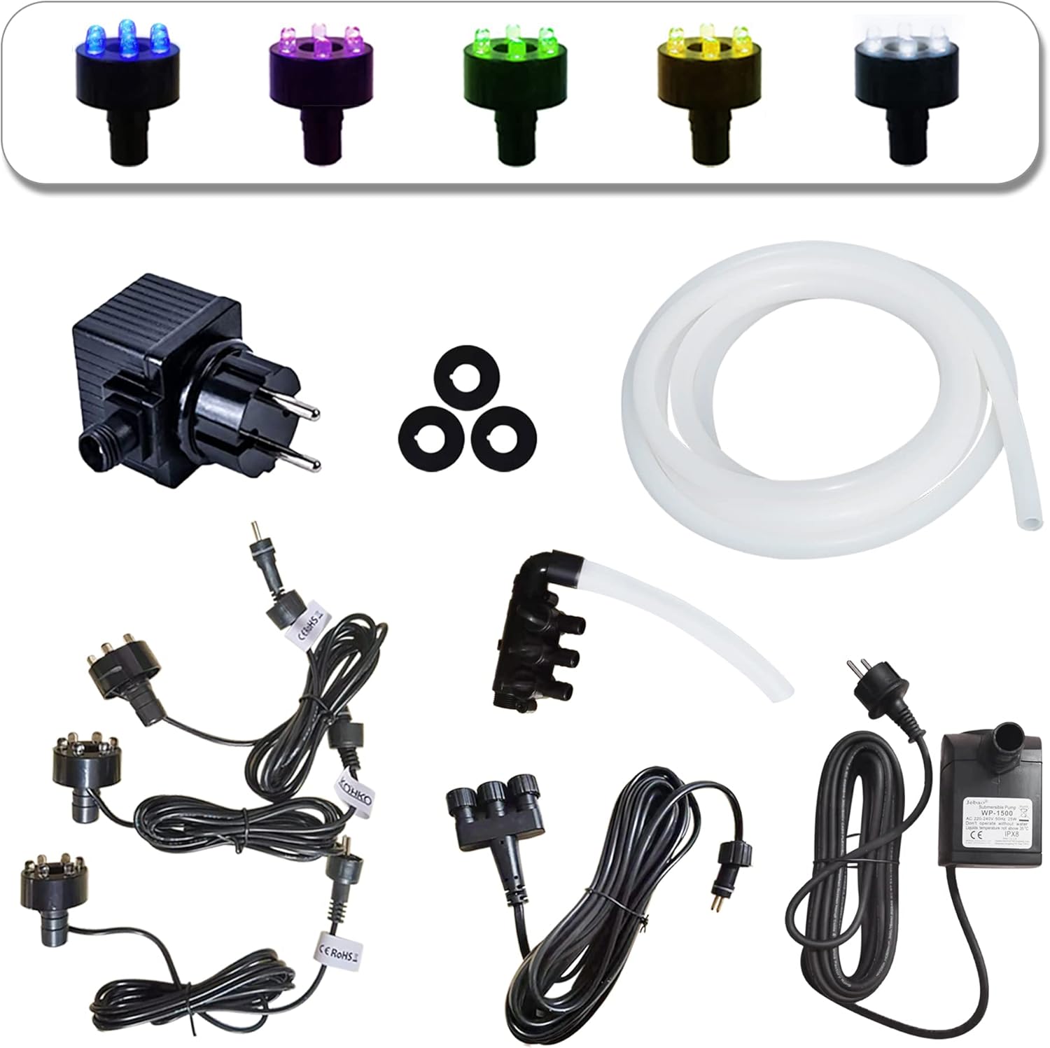 Kompletny zestaw pomp Köhko 1500l/h do fontanny ogrodowej: 3x LED Zielony,3-drożny dystrybutor wody,wąż,przedłużacz 5m,Tarfo,uszczelka piankowa
