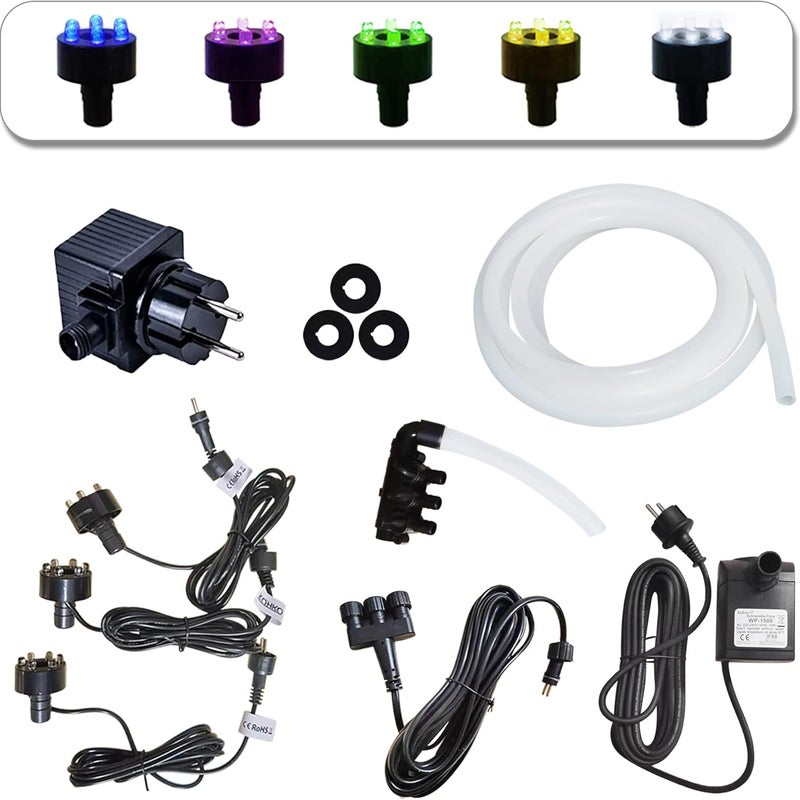 Kompletny zestaw pomp Köhko 1500l/h do fontanny ogrodowej: 3x LED Zielony,3-drożny dystrybutor wody,wąż,przedłużacz 5m,Tarfo,uszczelka piankowa