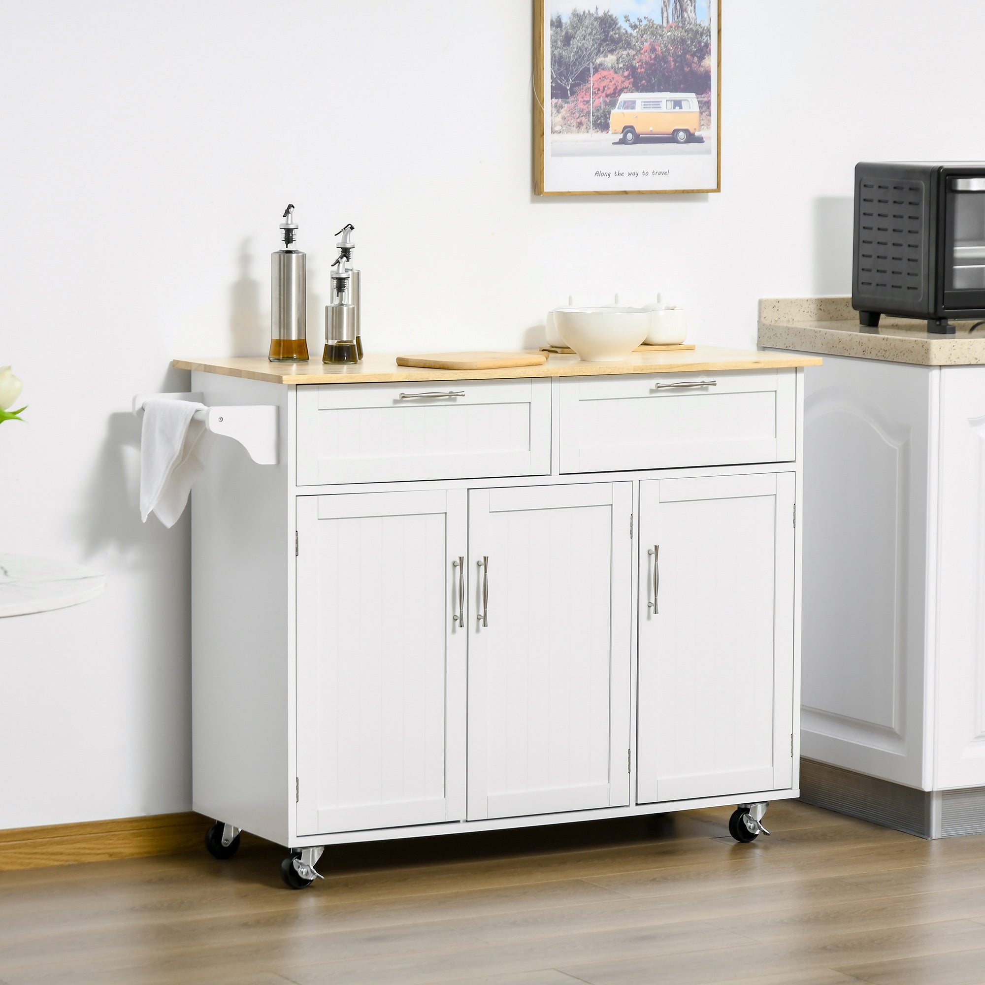 Isla de Cocina HOMCOM MDF, Madera de Caucho Blanco 121x46x91 cm - 2