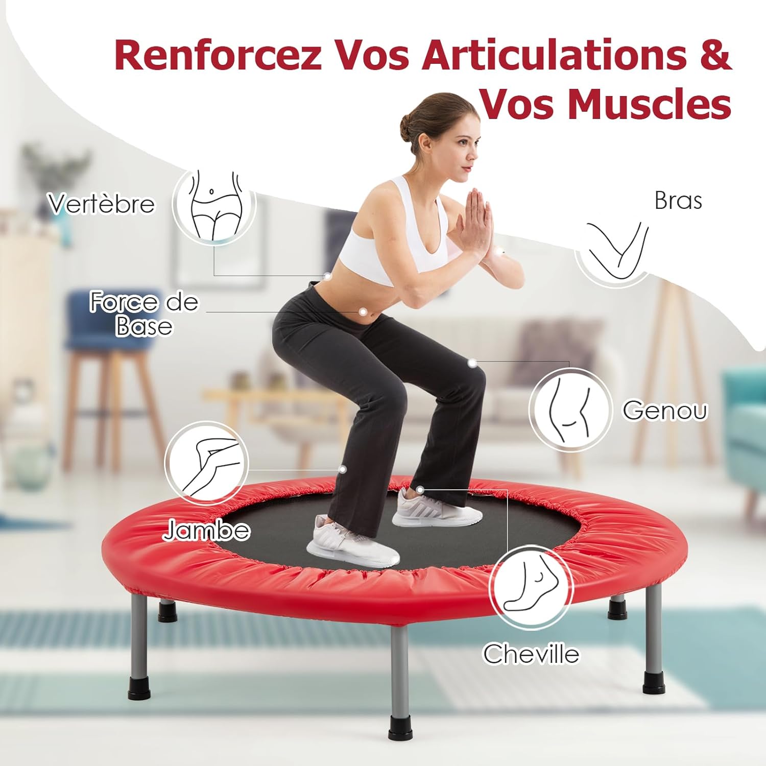 Składana Mini Trampolina, Trampolina Sportowa do Użytku w Pomieszczeniach z Matą Zabezpieczającą, Maksymalne Obciążenie 150 kg, dla Dorosłych i Dzieci - 7