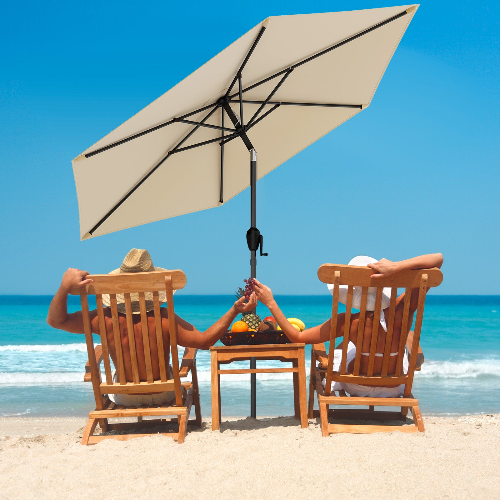 Parasol de Jardin Extérieur Ø 230 CM, Parasol Balcon sans Pied, Inclinaison Réglable à Bouton-Poussoir, 6 Baleines Robustes, Beige - 8