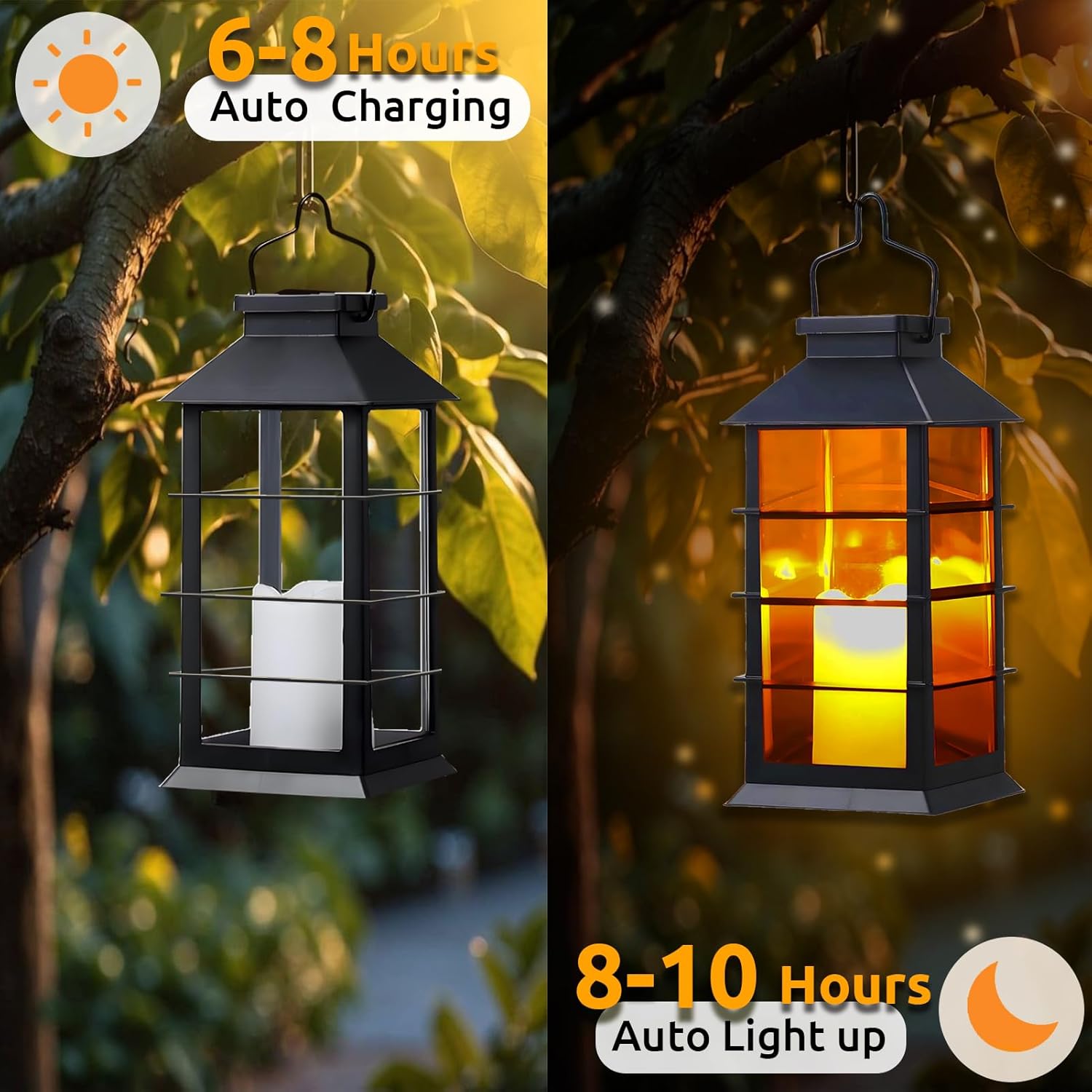 Conjunto de 2 lanternas solares de jardim para exterior com vela LED oscilante, luminárias suspensas à prova d'água IP44 para varanda. - 4