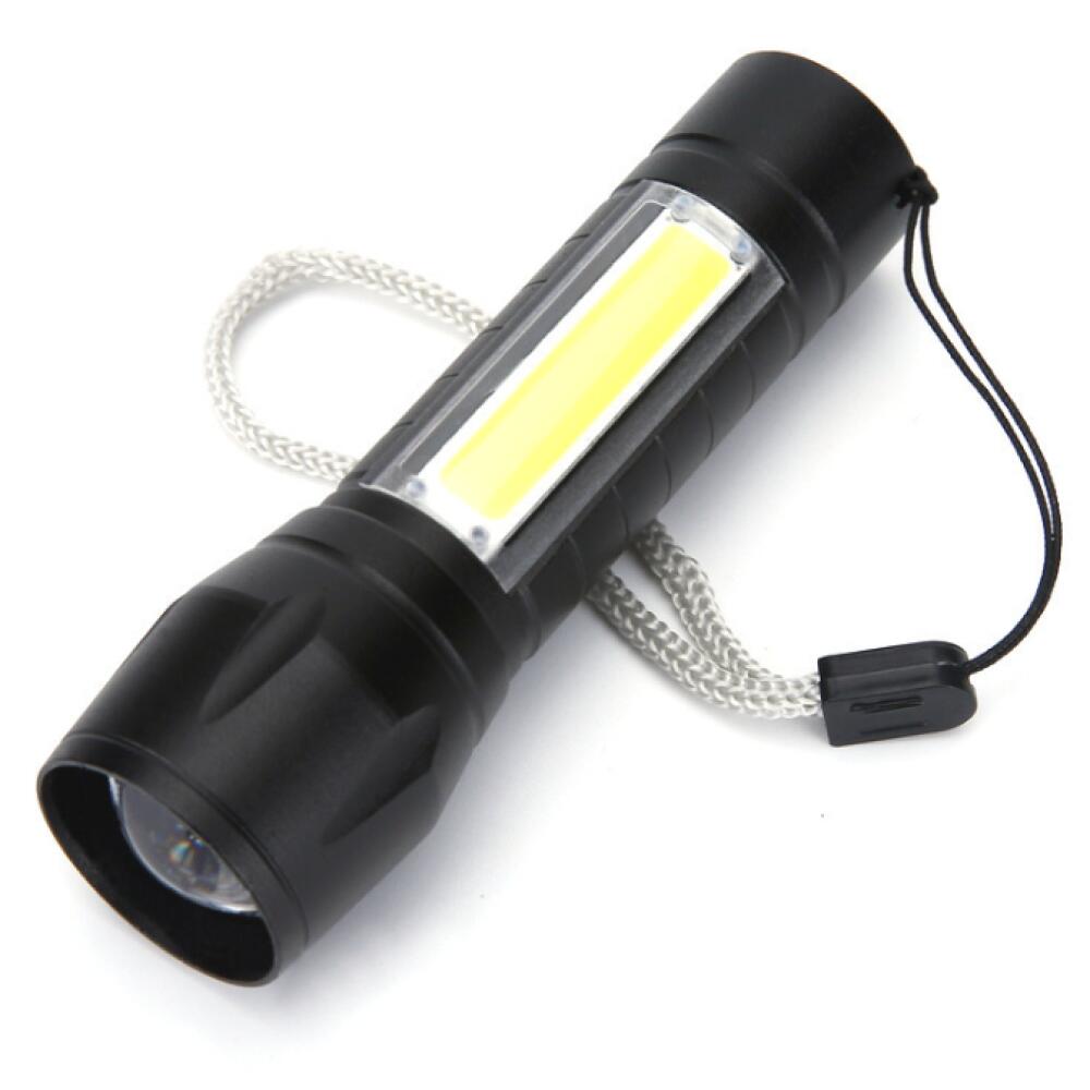 Lanternă LED reîncărcabilă de 1W cu funcție de zoom și felinar lateral, neagră