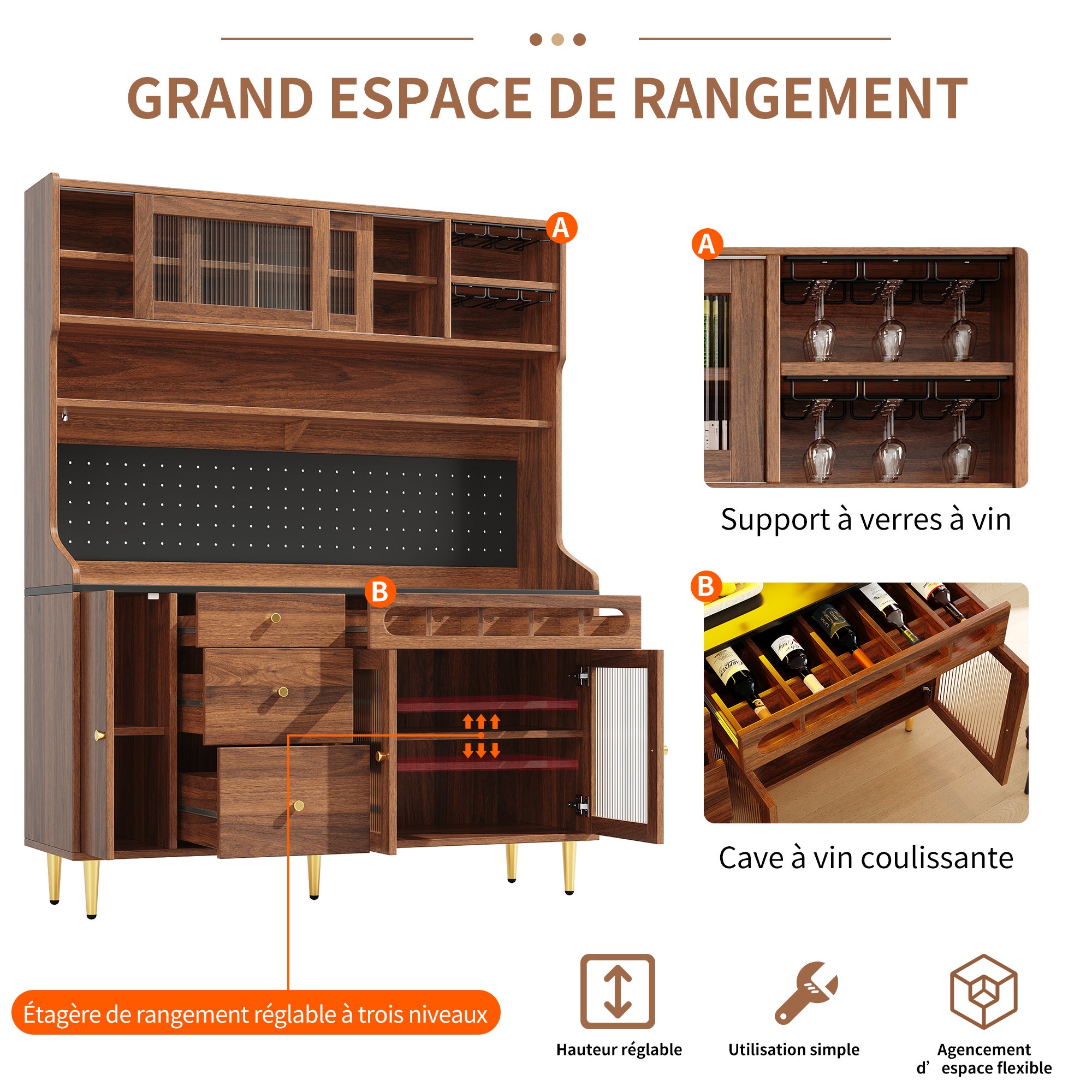 Meuble de cuisine avec étagères réglables145×39×171cm,Buffet de salon avec Lumières LED et casier à vin,3 tiroirs,Convient aux salon et cuisine,Noyer - 7