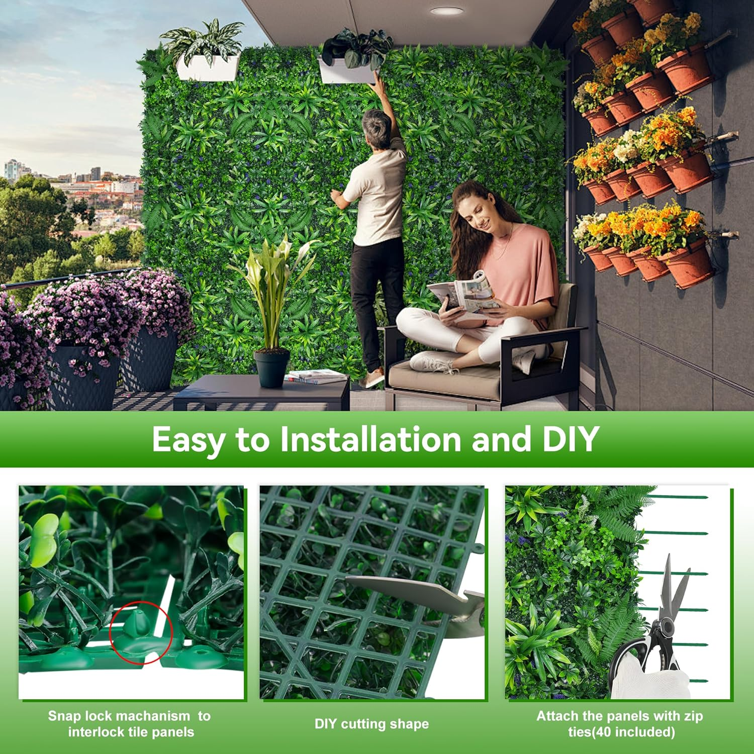 Lot de 4 haies murales artificielles, écrans de protection et d'intimité pour jardin, toile de fond en gazon synthétique, protection UV, 50 cm x 50 cm - 5