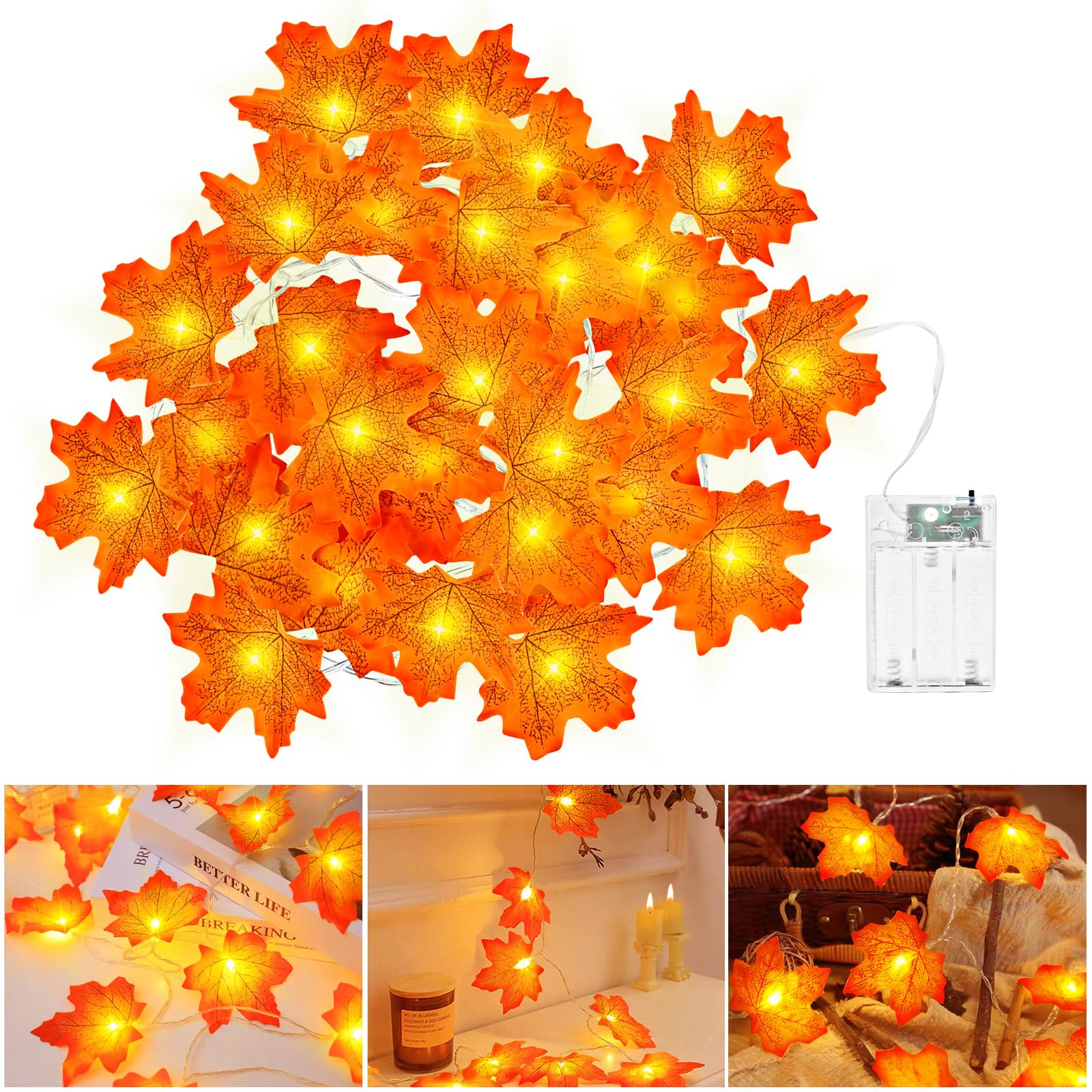 Girlanda jesienna, Dekoracja Jesienna na Halloween, 3 m 20 LED Liść klonu Girlanda świetlna na baterie Na Halloween, imprezę, dynia