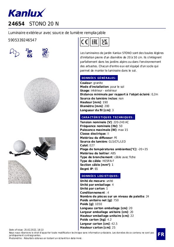 Luminaire de jardin boule imitation pierre - Sol - Ø20cm - IP65 - Granite - 9