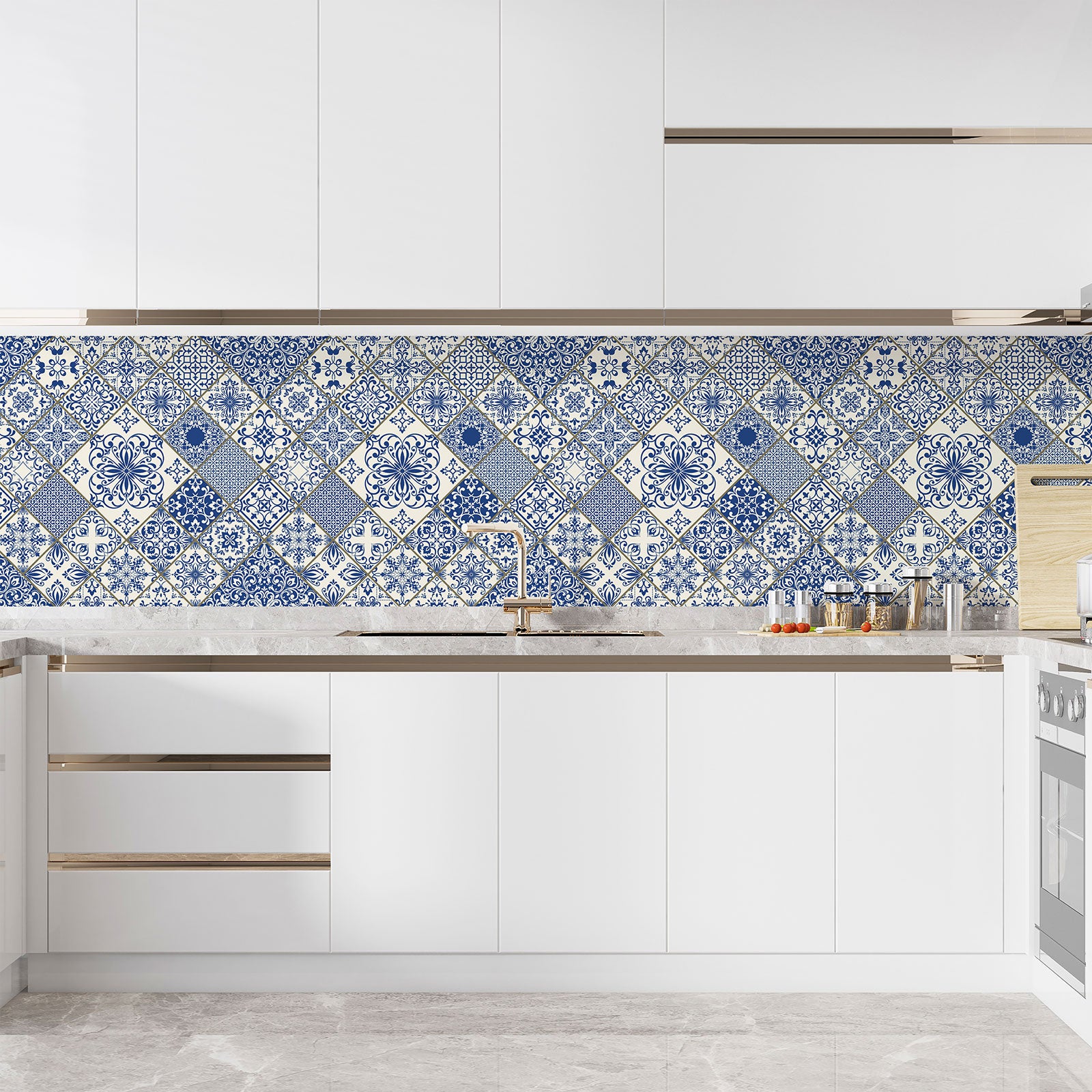 Crédence adhésive sticker décoratif pour cuisine - Effet carreaux de ciment - Adhésif BRILLANT - 60x60 cm - 3
