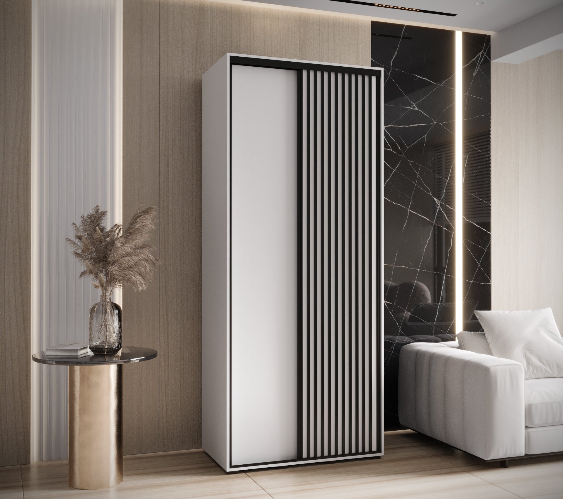 Szafa przesuwna wysoka Lanko 1 100 x 60 x 235,2 cm biały + biały + lamele czarny - Abiks Meble - 2