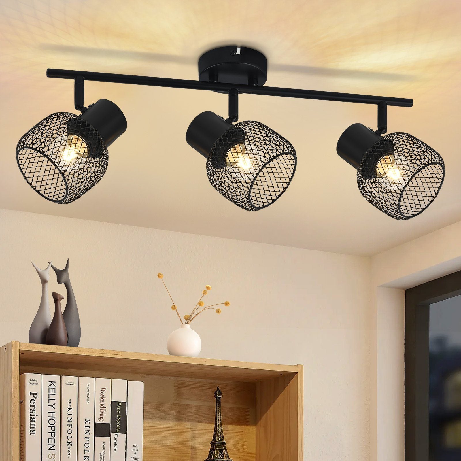 ZMH Lampa sufitowa 3-punktowa maks.25W E27 metalowa retro czarna obrotowa 330° do użytku wewnątrz odpowiednia do salonu korytarza kuchni