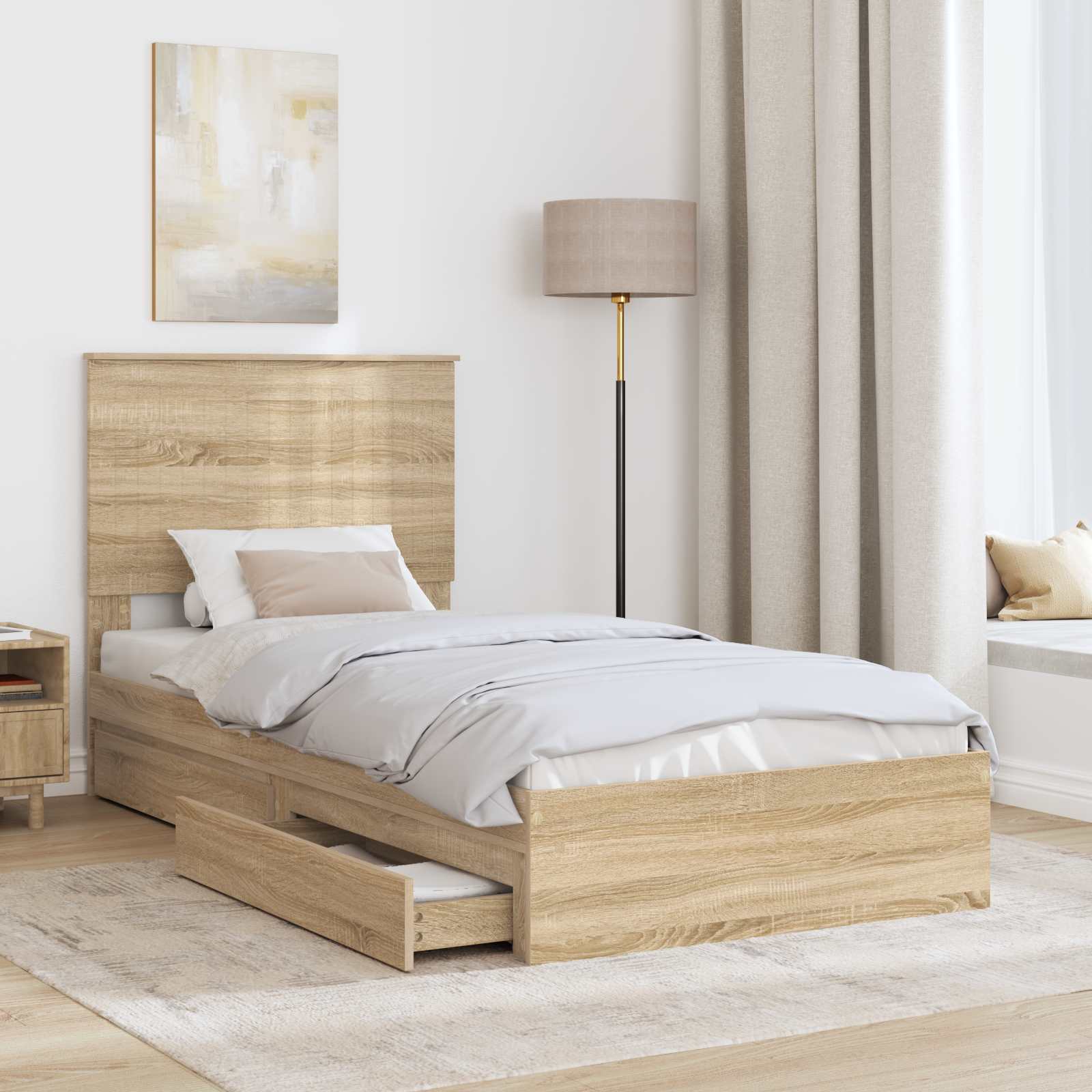 Lit de rangement chêne 90 x 190 cm en panneau de bois - 3